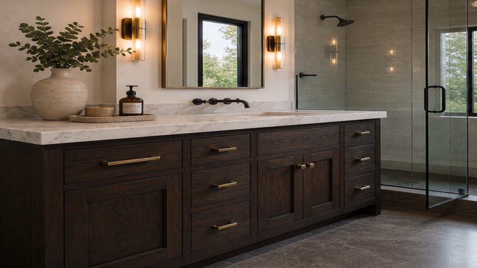 Bathroom Remodel Ideas with dark wood cabinetry