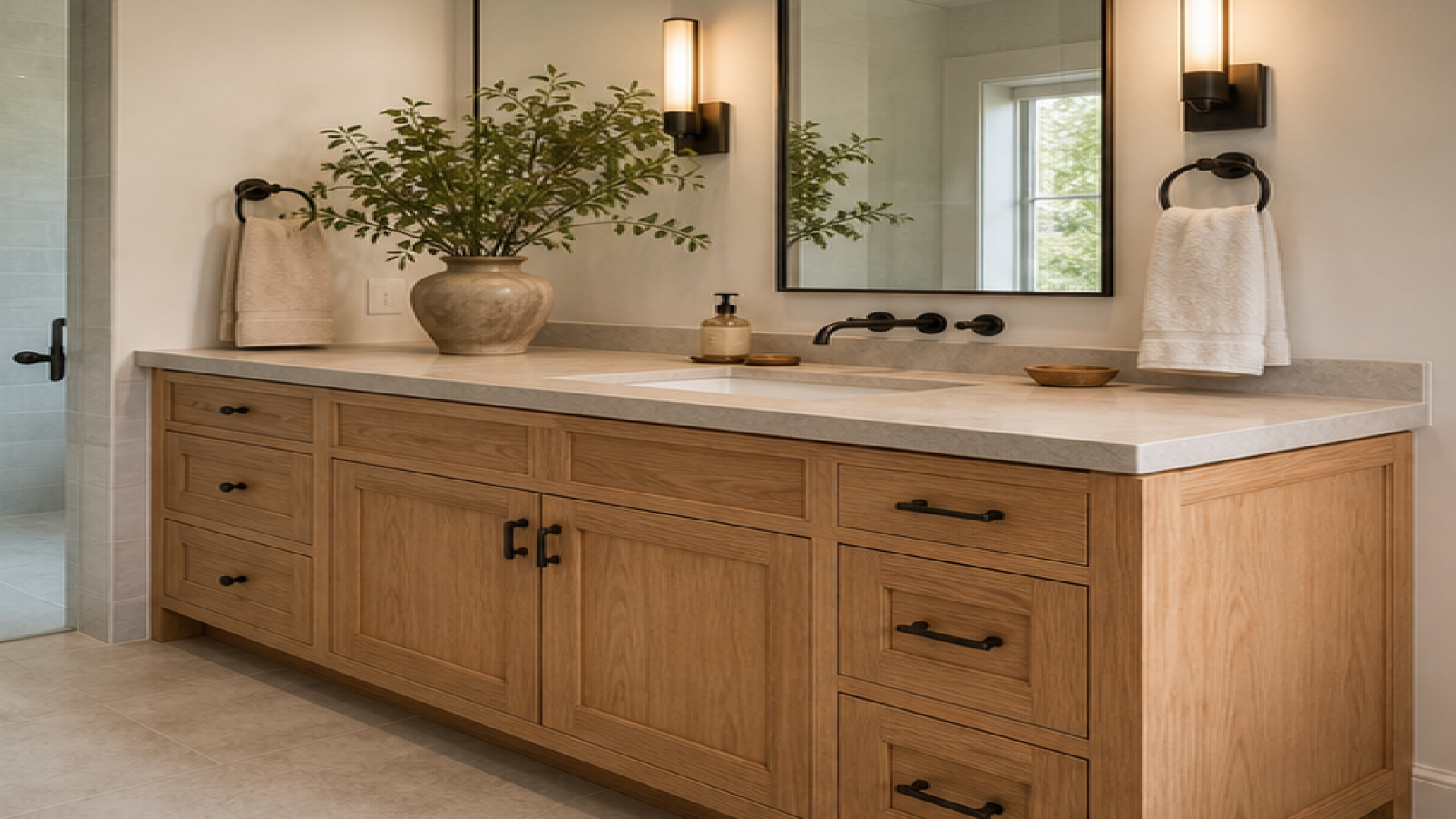 Bathroom Remodel Ideas with natural wood cabinetry