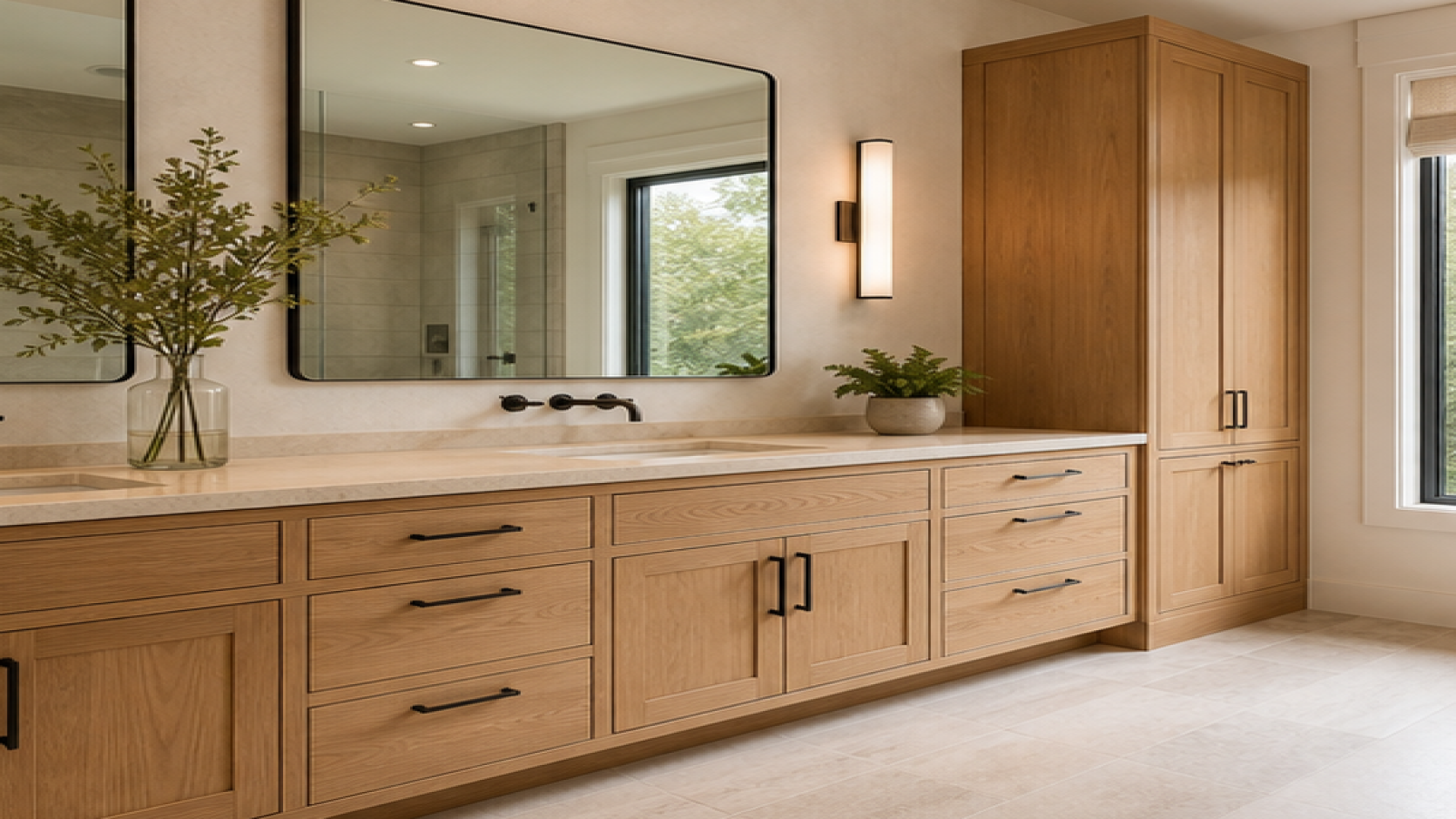 Bathroom Remodel Ideas with natural wood cabinetry