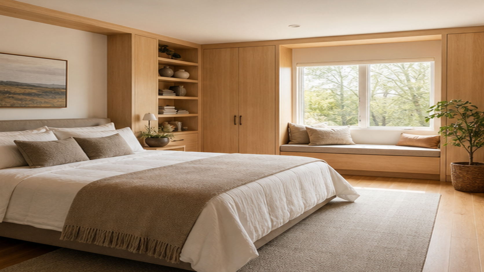 Bedroom Remodel Ideas with natural wood cabinetry
