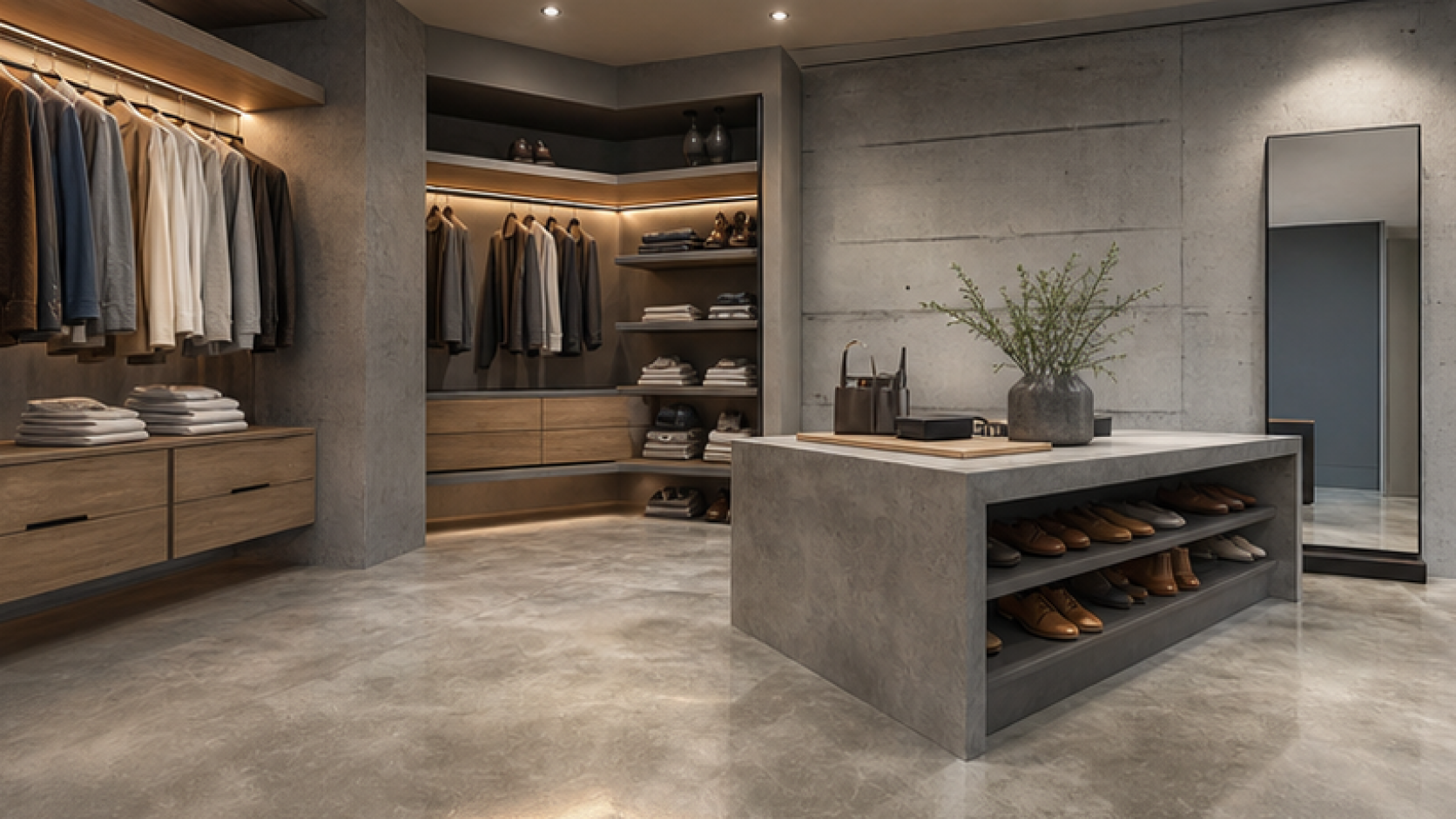 Closet Remodel Ideas with a natural concrete finish