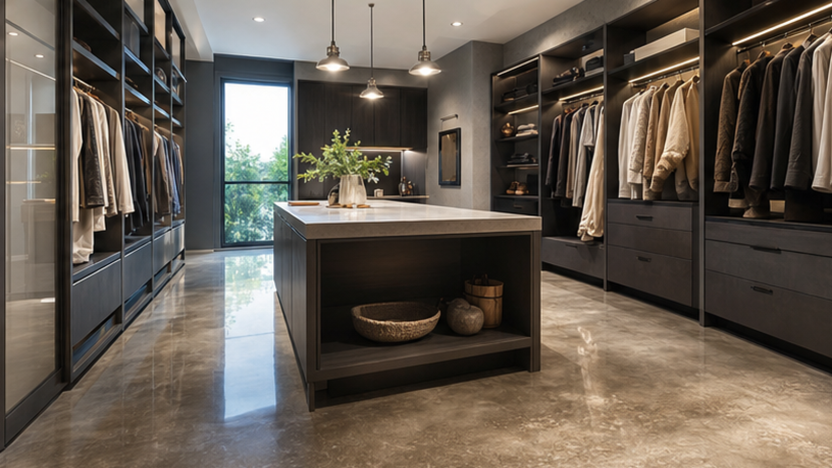 Closet Remodel Ideas with a treated concrete finish