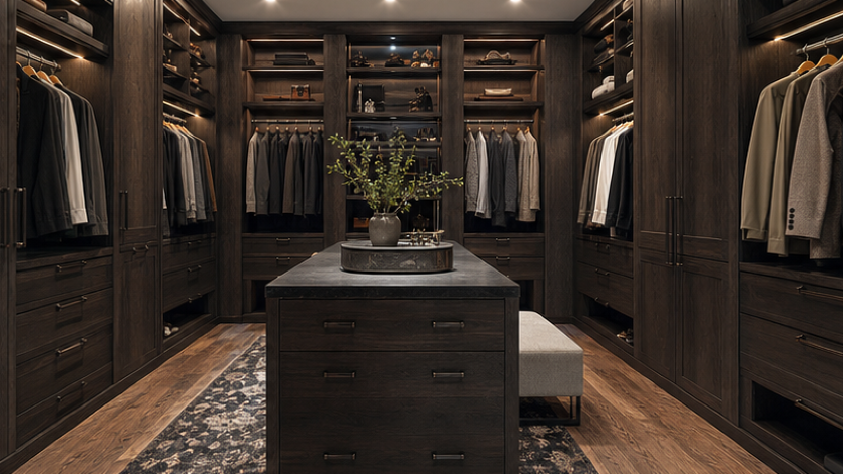 Closet Remodel Ideas with dark wood cabinetry