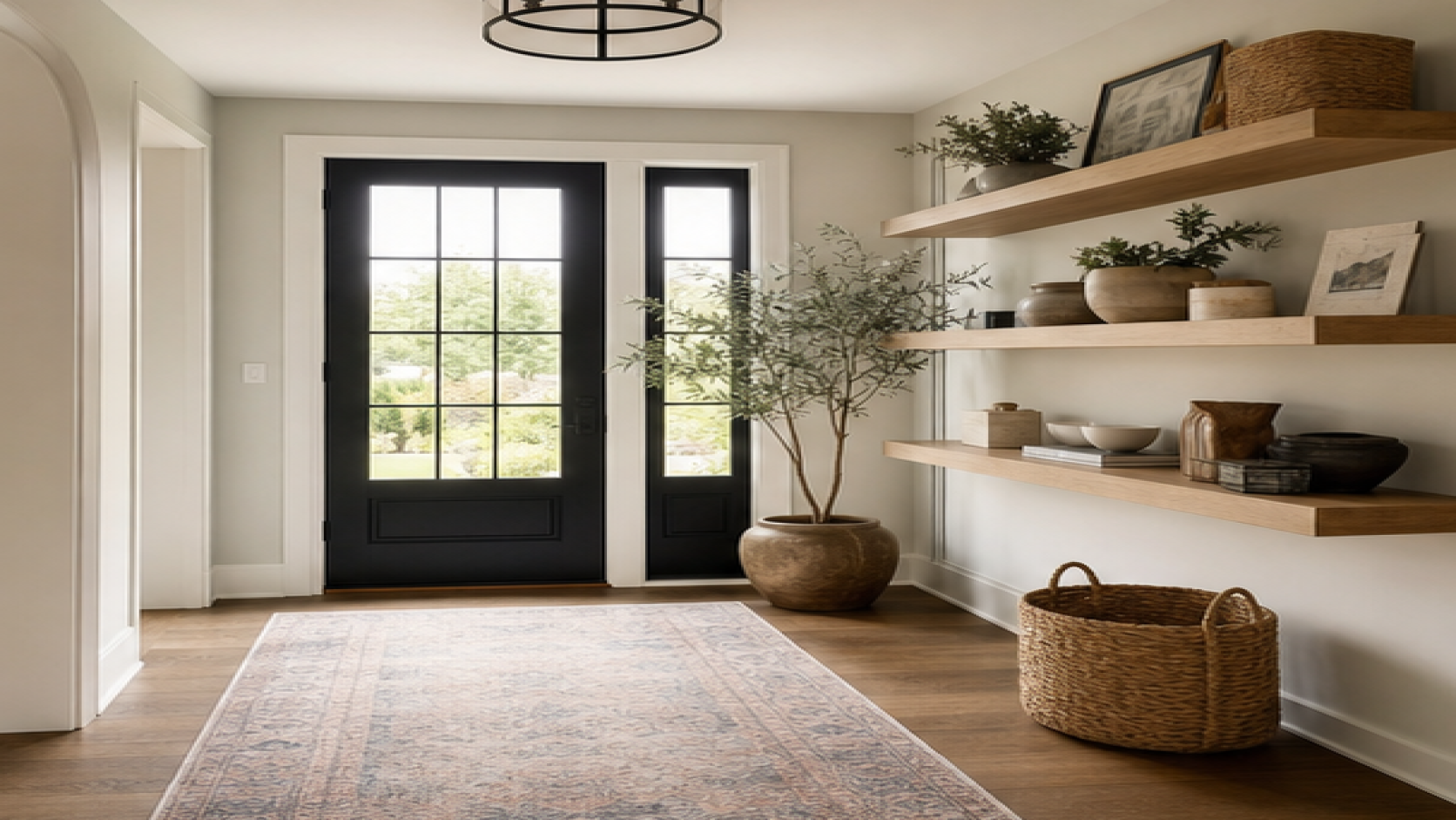 Entryway Remodel Ideas with open shelving