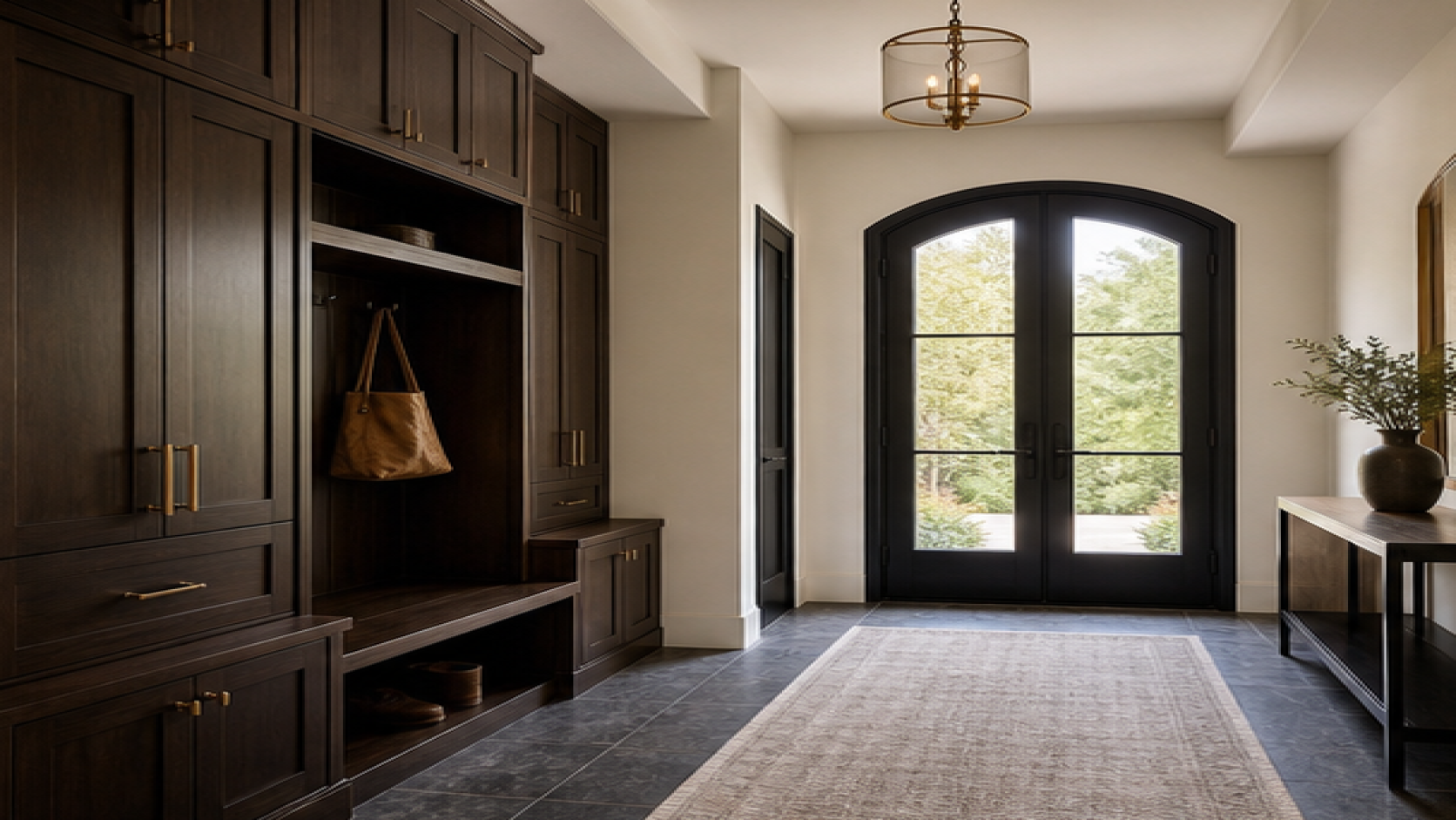Entryway Remodel Ideas with dark wood cabinetry