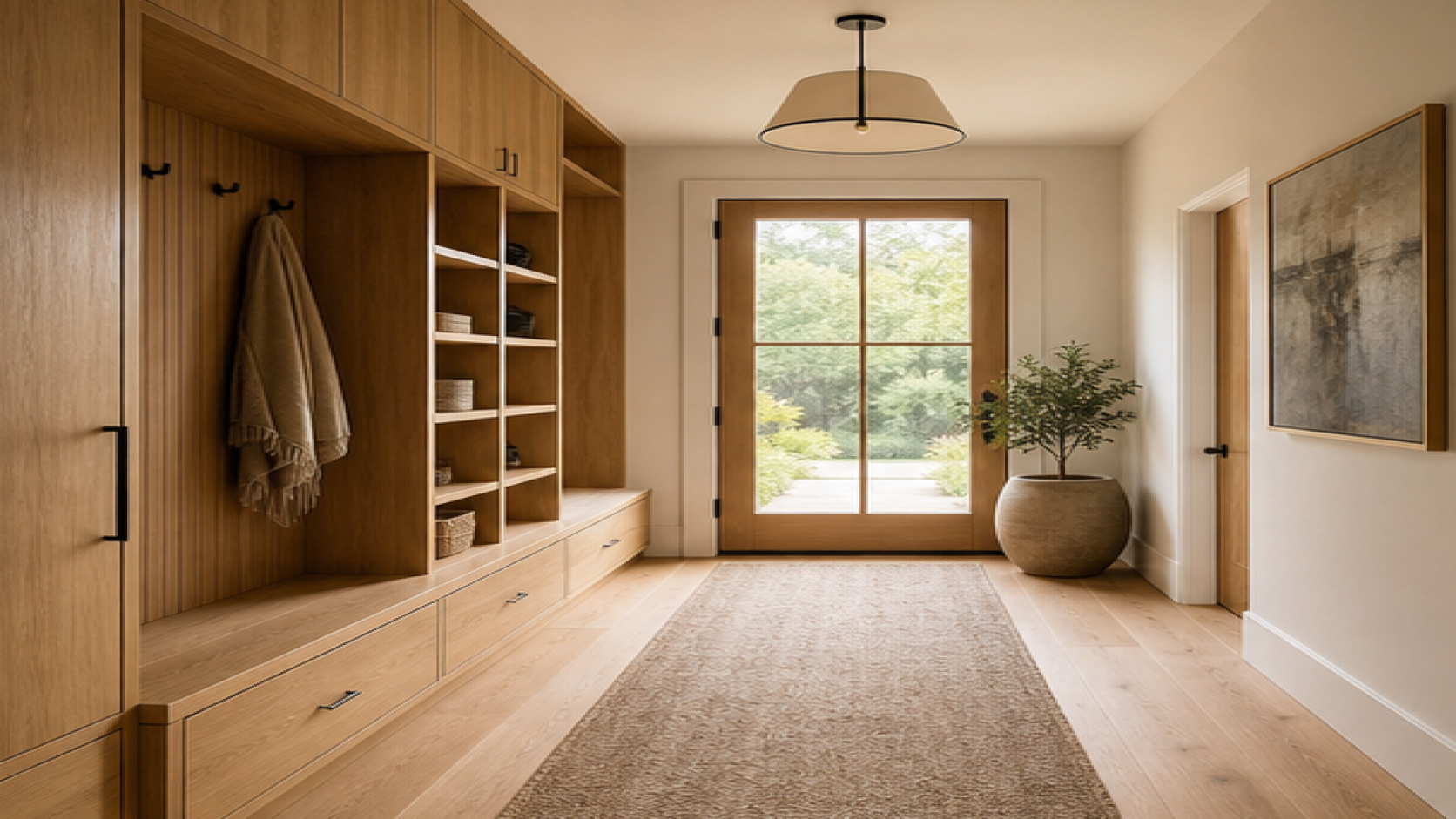 Entryway Remodel Ideas with natural wood cabinetry