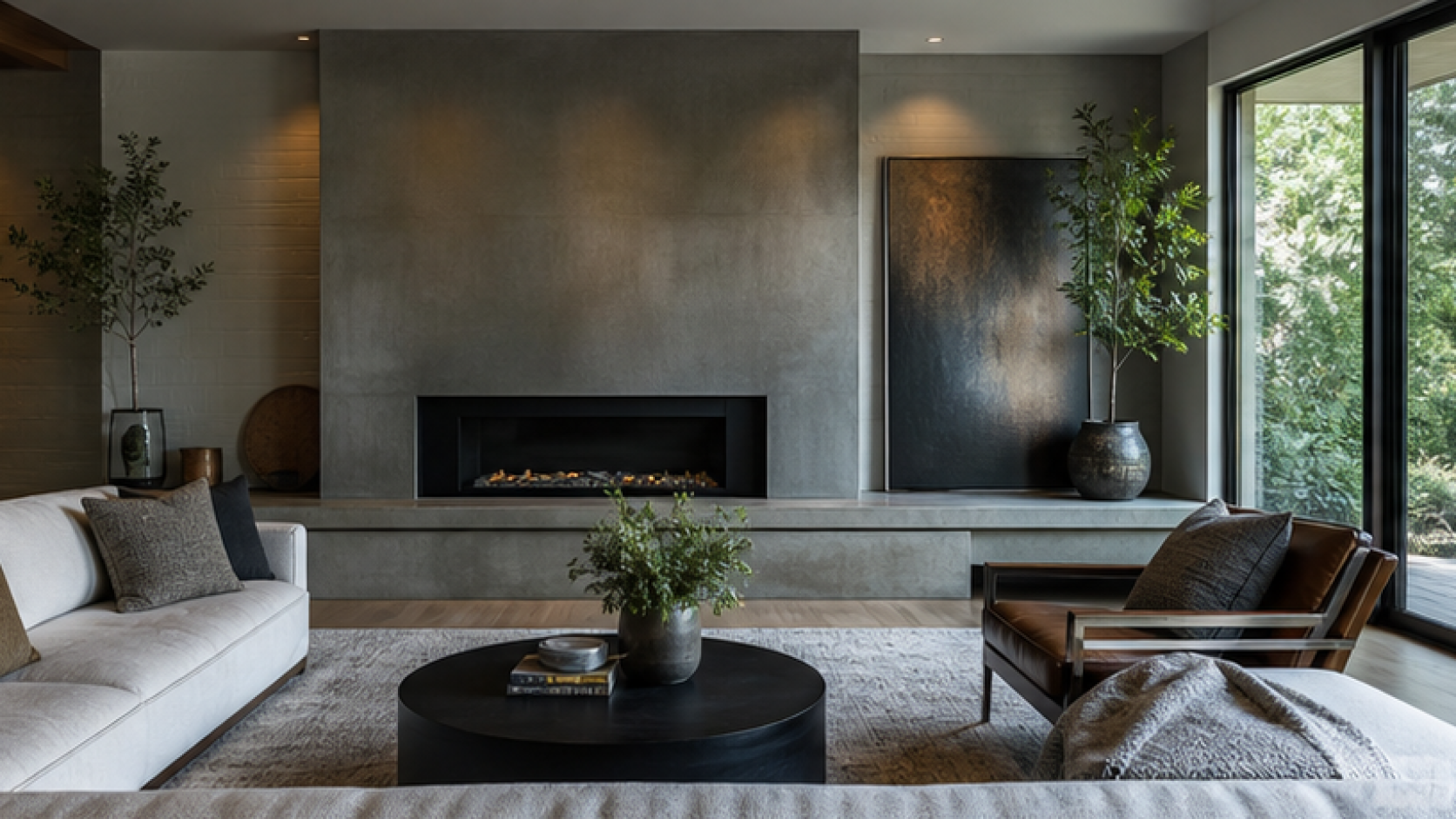 Family Room Remodel Ideas with a treated concrete finish