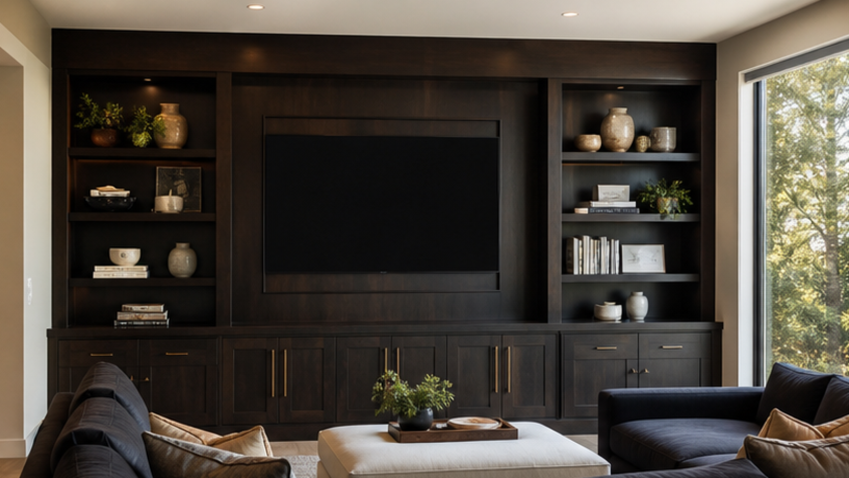 Family Room Remodel Ideas with dark wood cabinetry