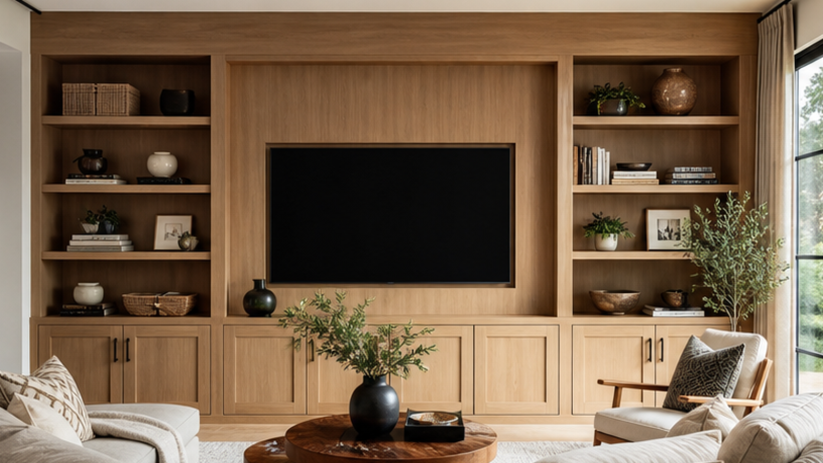 Family Room Remodel Ideas with natural wood cabinetry