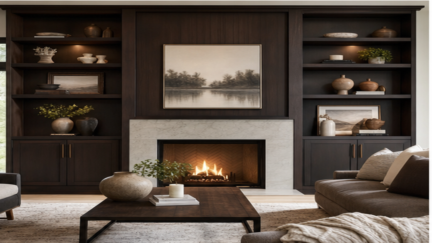 Fireplace Remodel Ideas with dark wood cabinetry