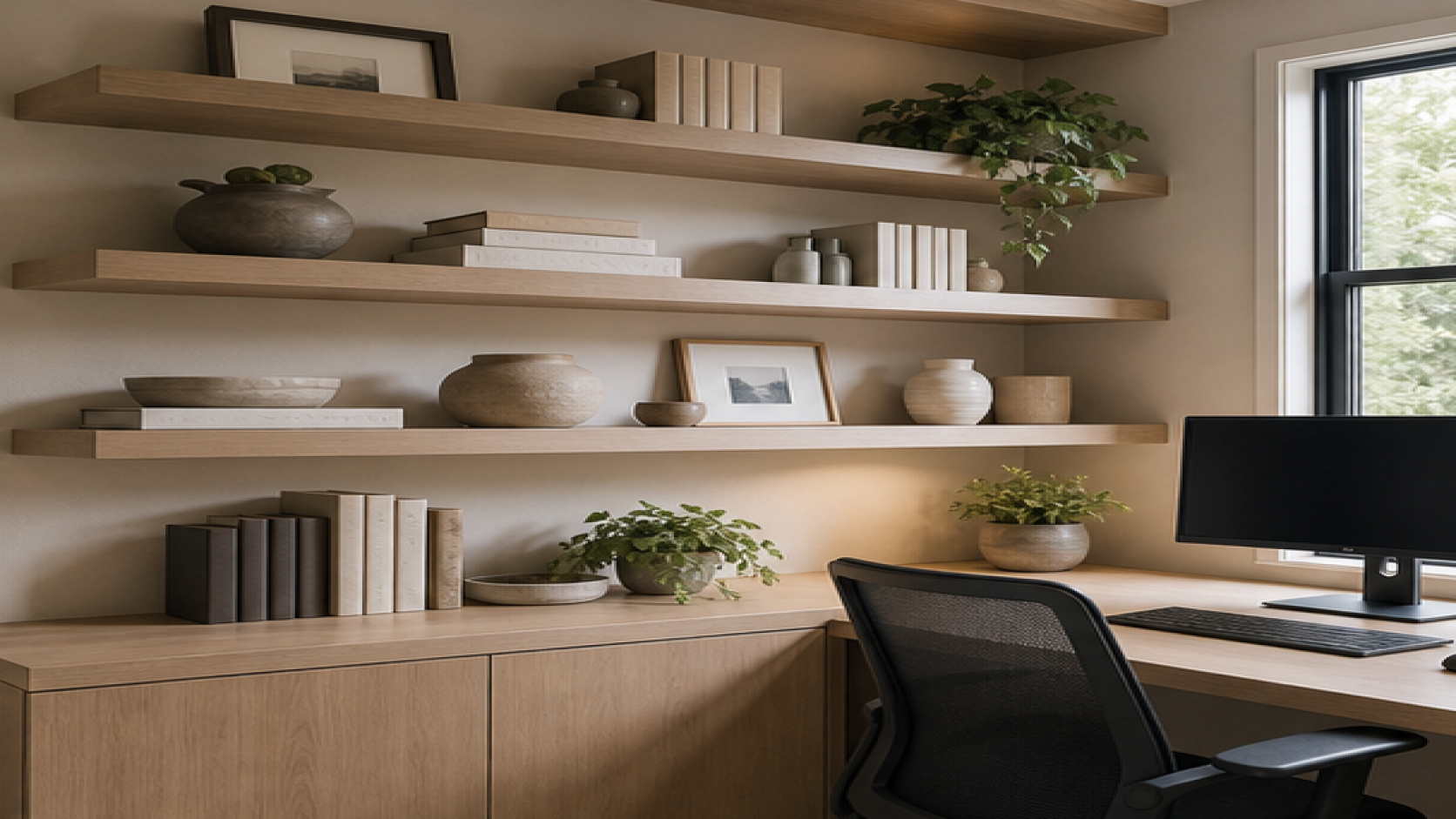 Home Office Remodel Ideas with open shelving