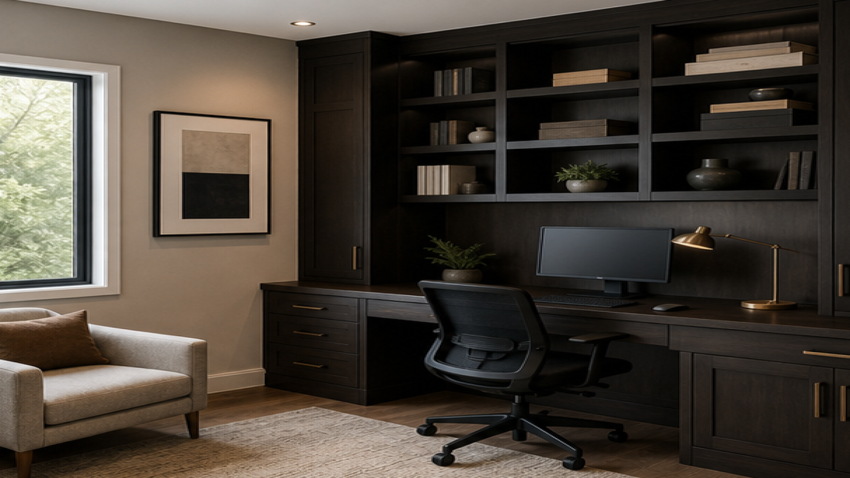 Home Office Remodel Ideas with dark wood cabinetry