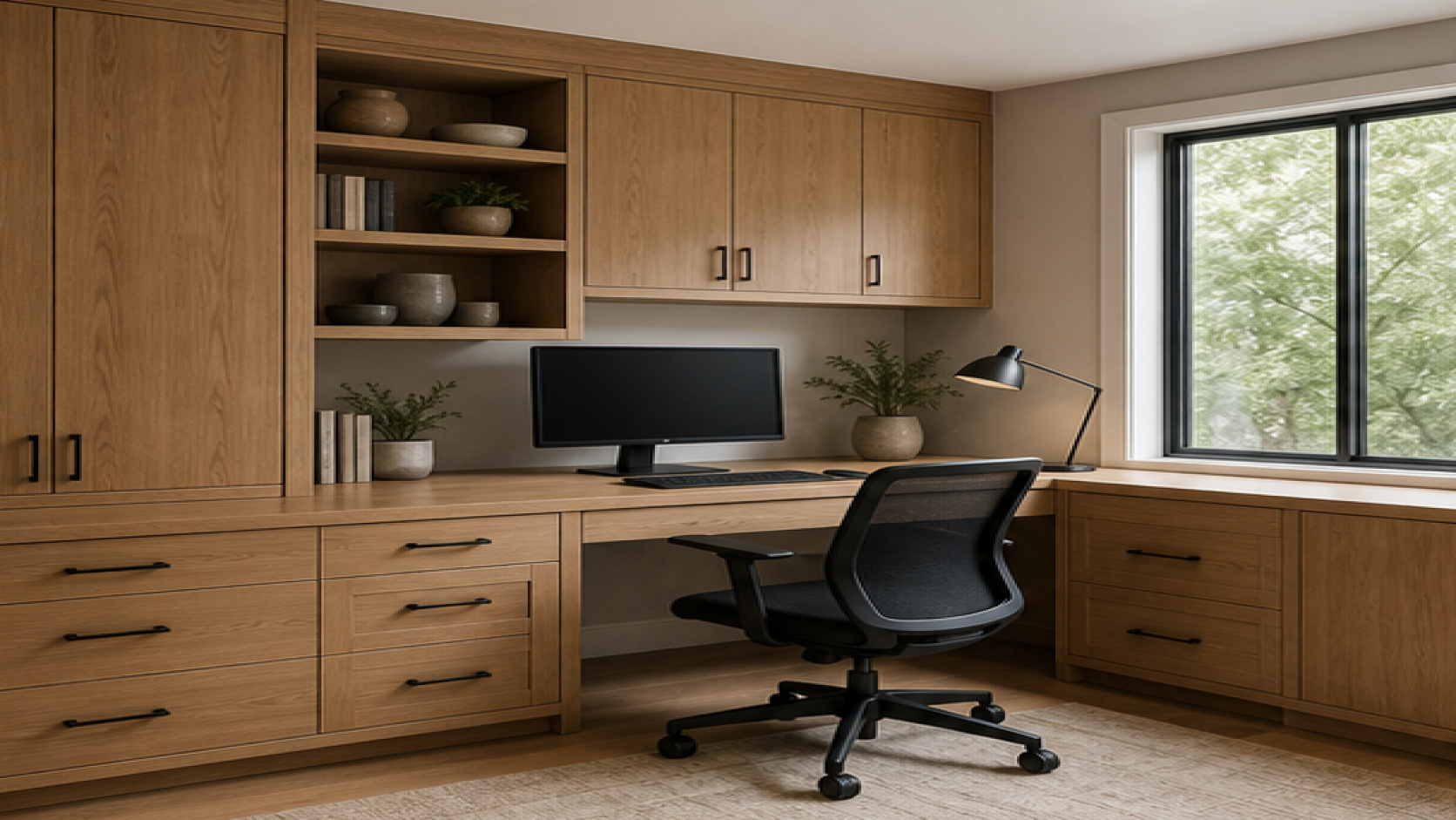 Home Office Remodel Ideas with natural wood cabinetry