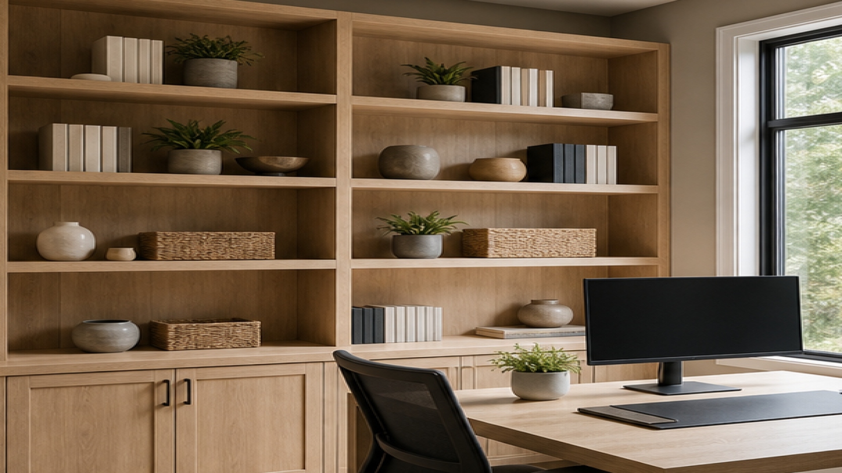 Home Office Remodel Ideas with open shelving