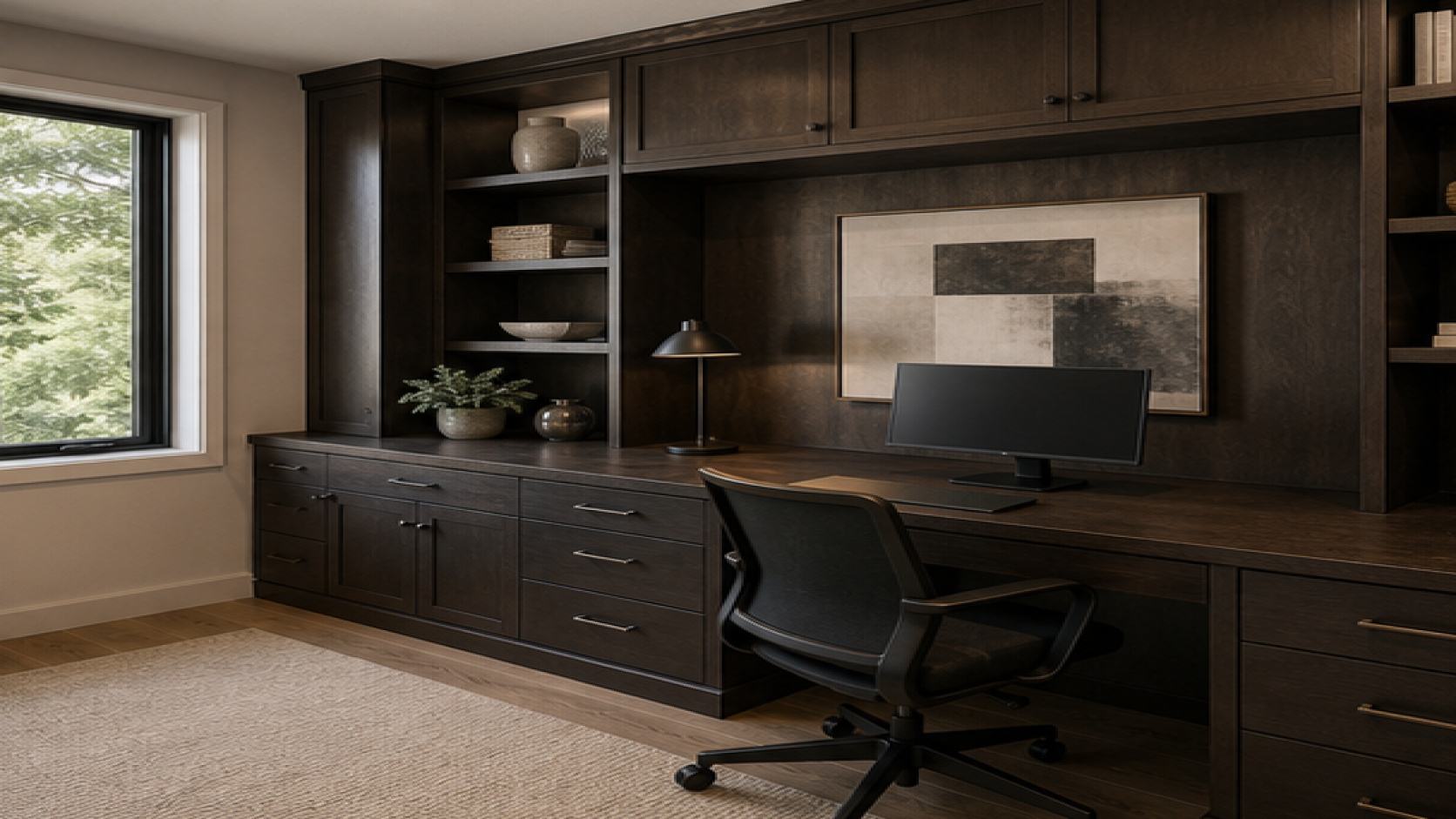 Home Office Remodel Ideas with dark wood cabinetry