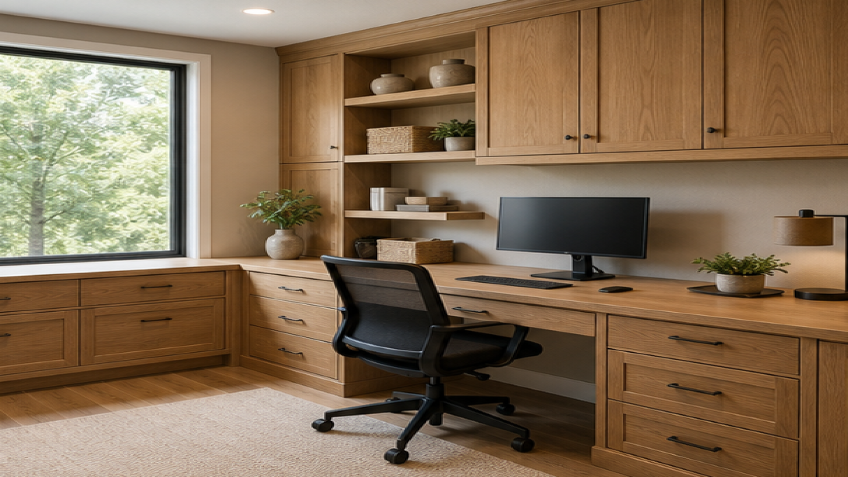 Home Office Remodel Ideas with natural wood cabinetry