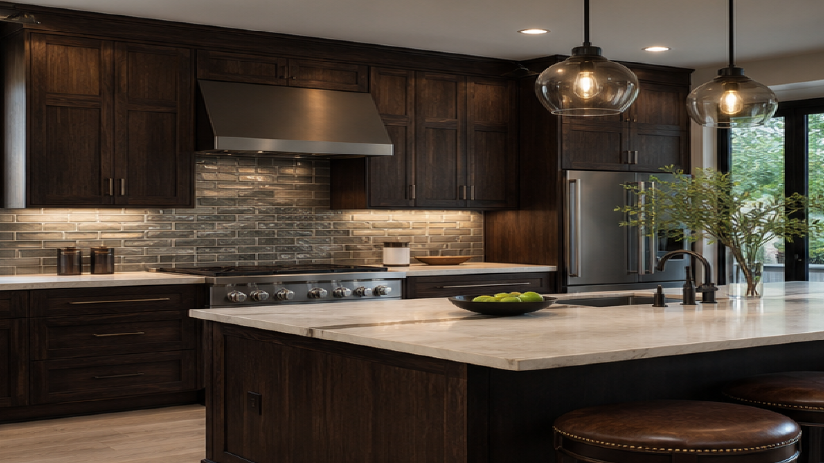 Kitchen Backsplash Ideas with dark wood cabinetry