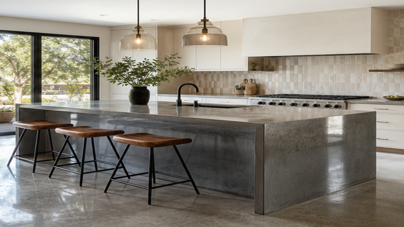 Kitchen Island Ideas with a treated concrete finish