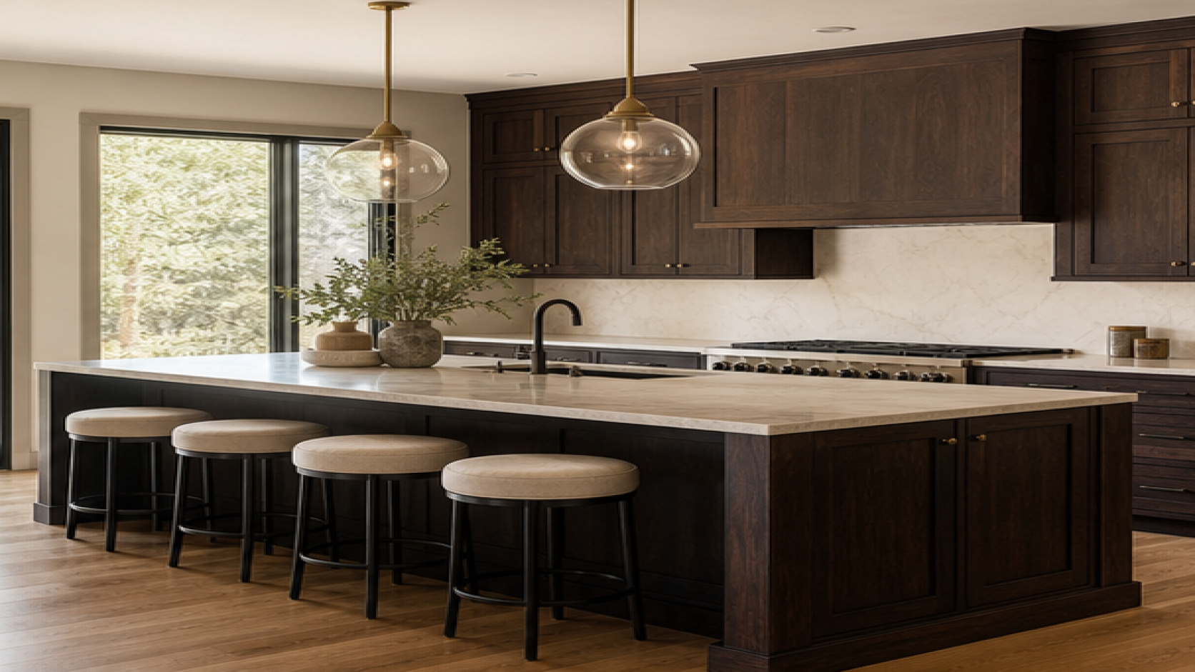 Kitchen Island Ideas with dark wood cabinetry