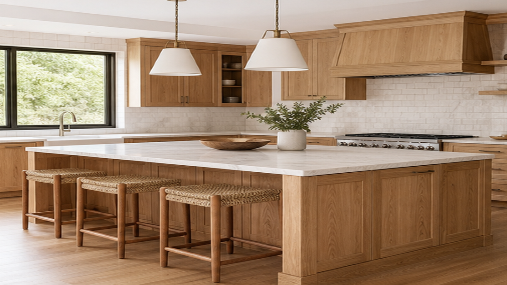Kitchen Island Ideas with natural wood cabinetry