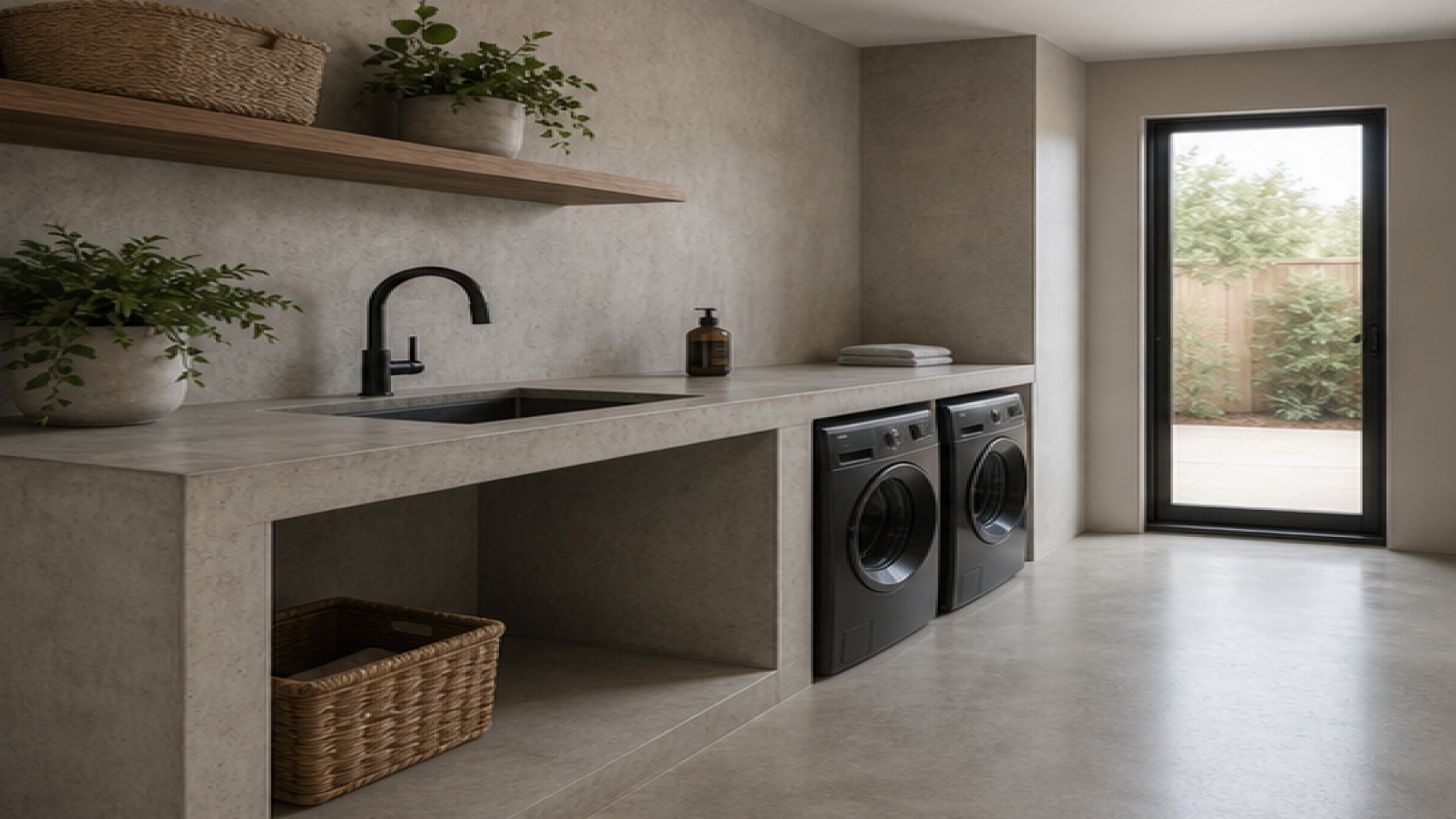 Laundry Room Remodel Ideas with a natural concrete finish