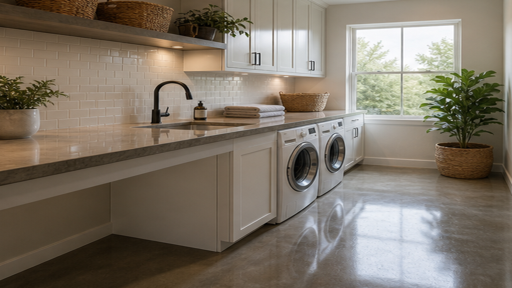 Laundry Room Remodel Ideas with a treated concrete finish
