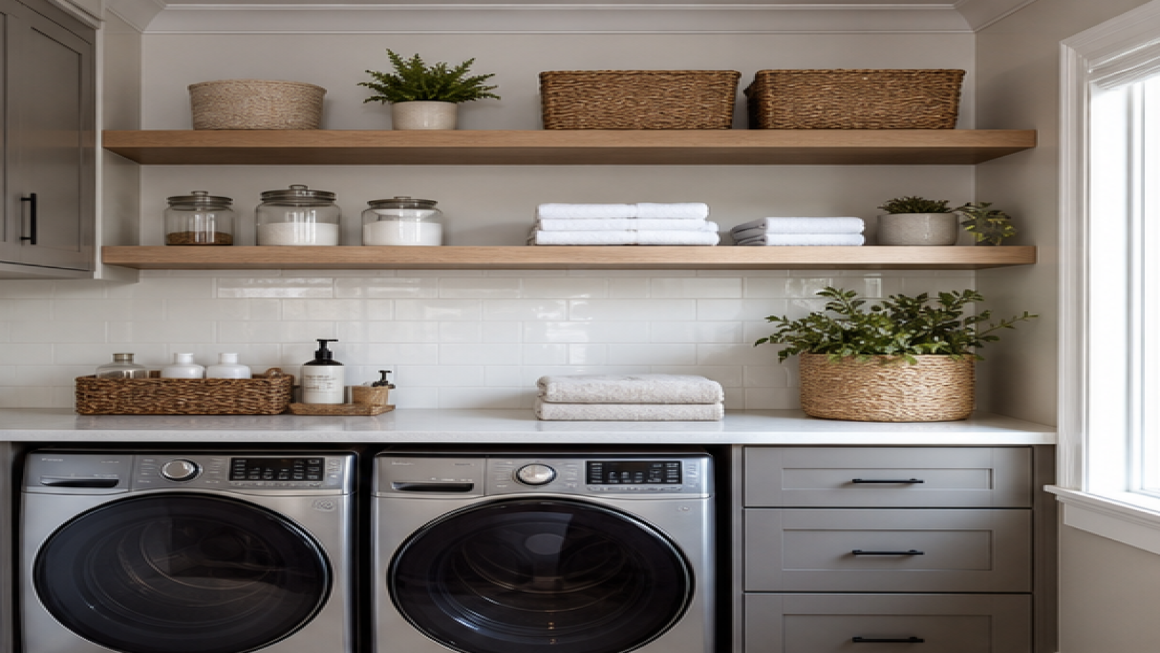 Laundry Room Remodel Ideas with open shelving