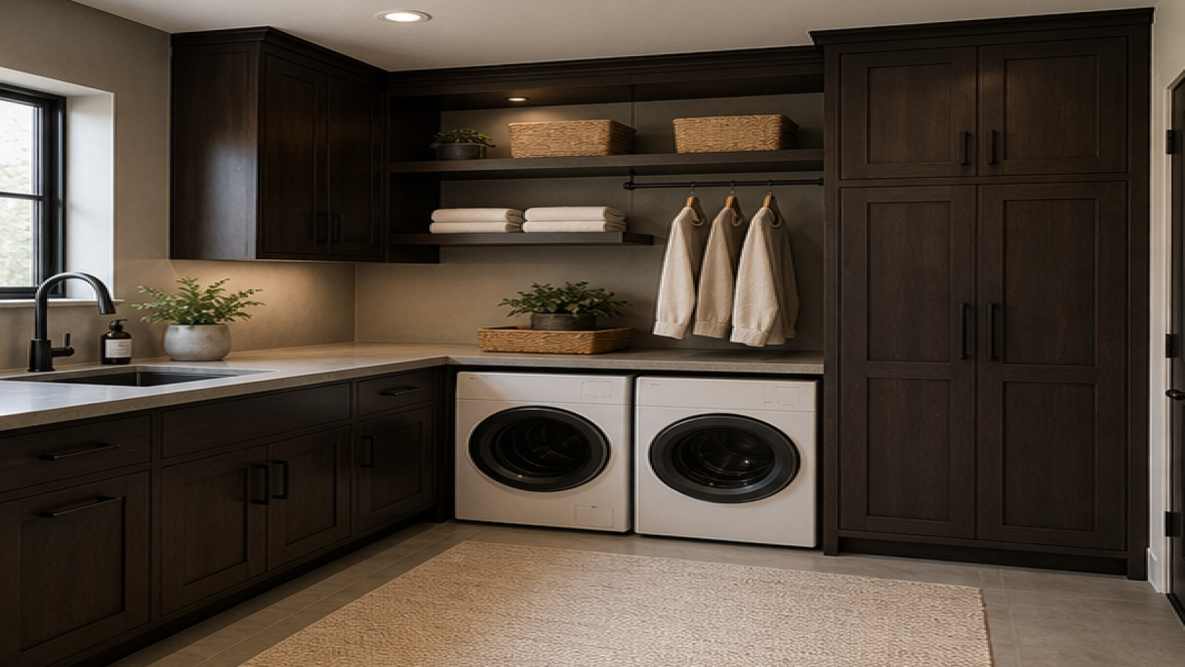 Laundry Room Remodel Ideas with dark wood cabinetry