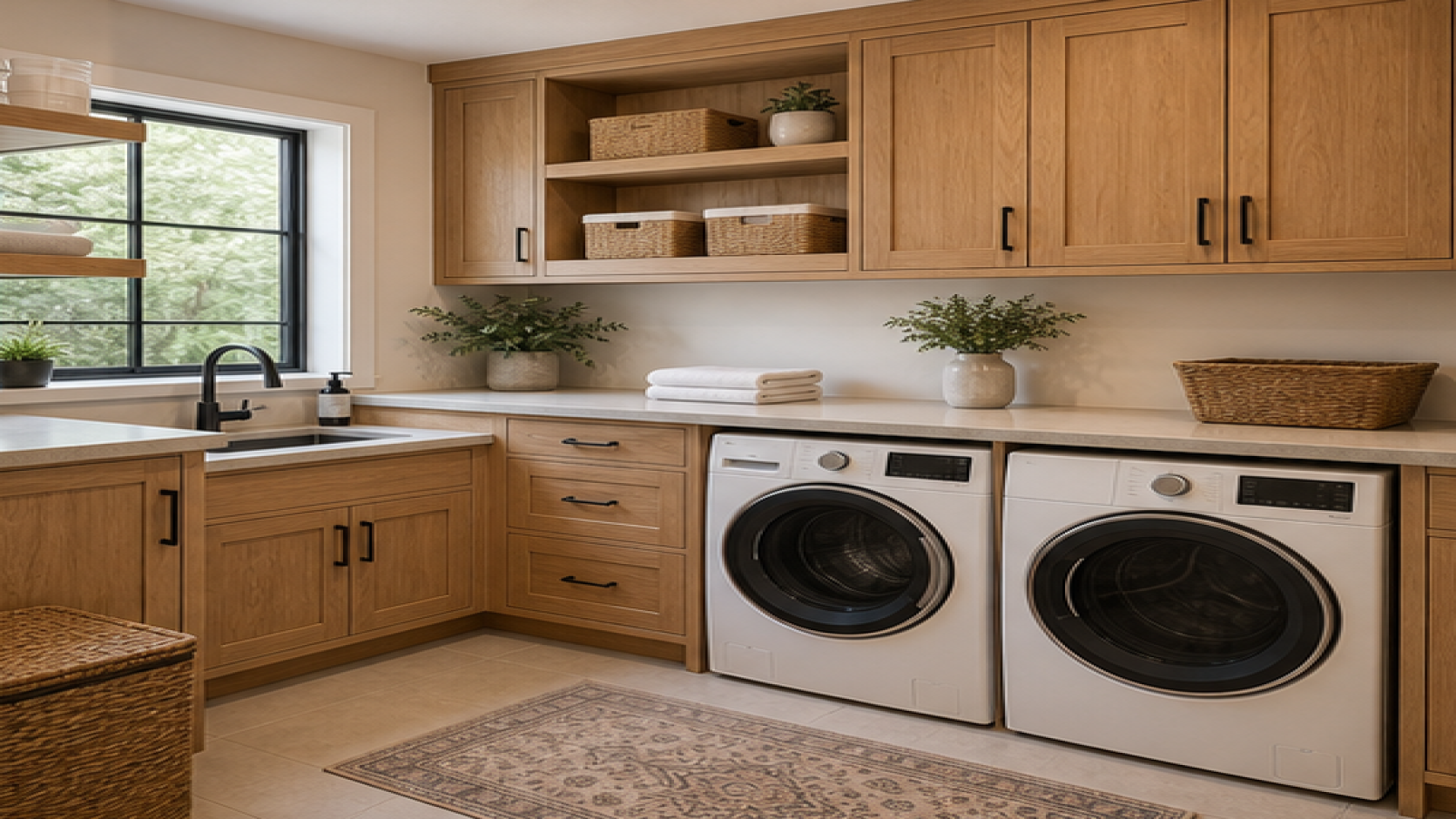 Laundry Room Remodel Ideas with natural wood cabinetry