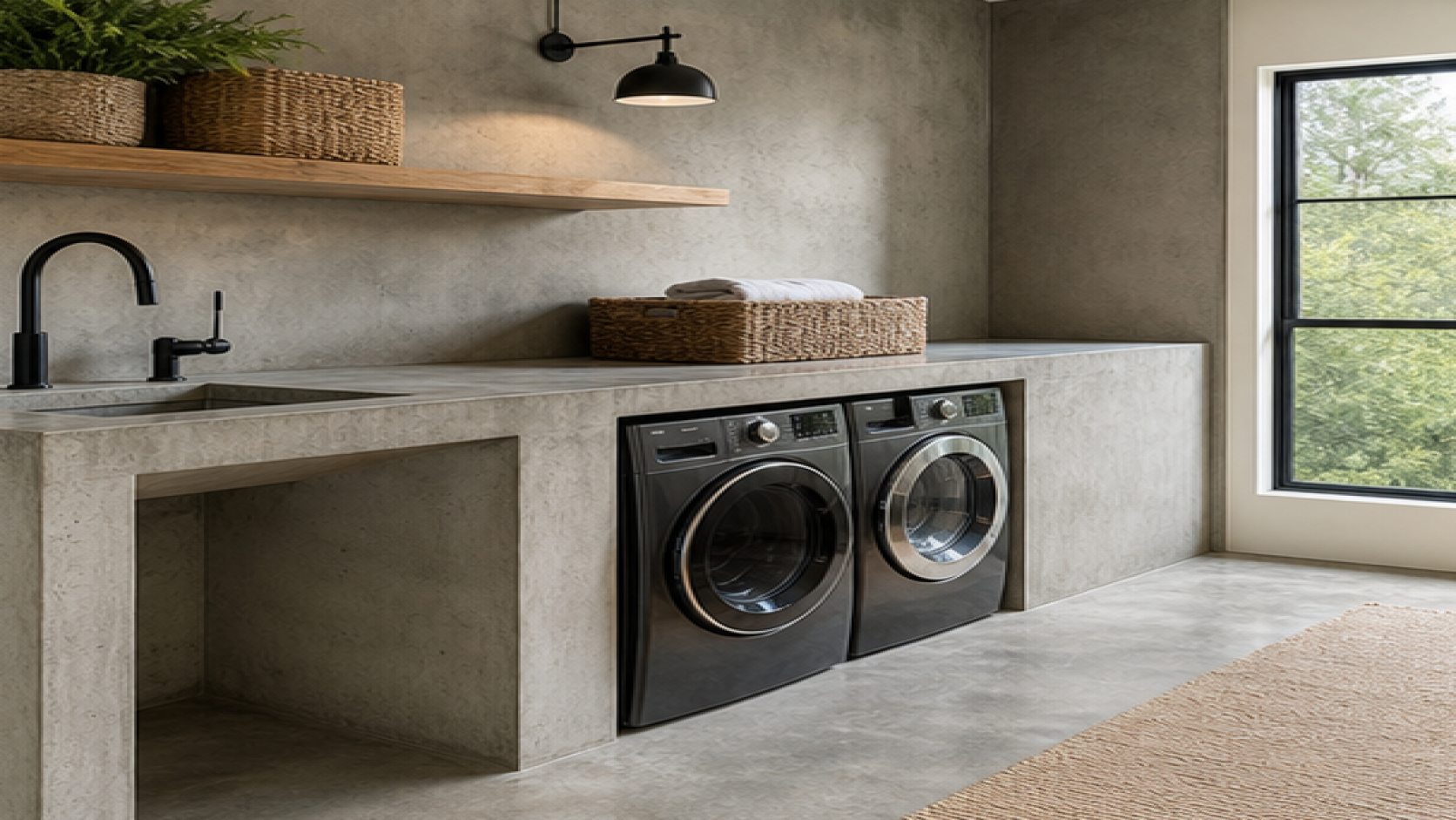 Laundry Room Remodel Ideas with a natural concrete finish