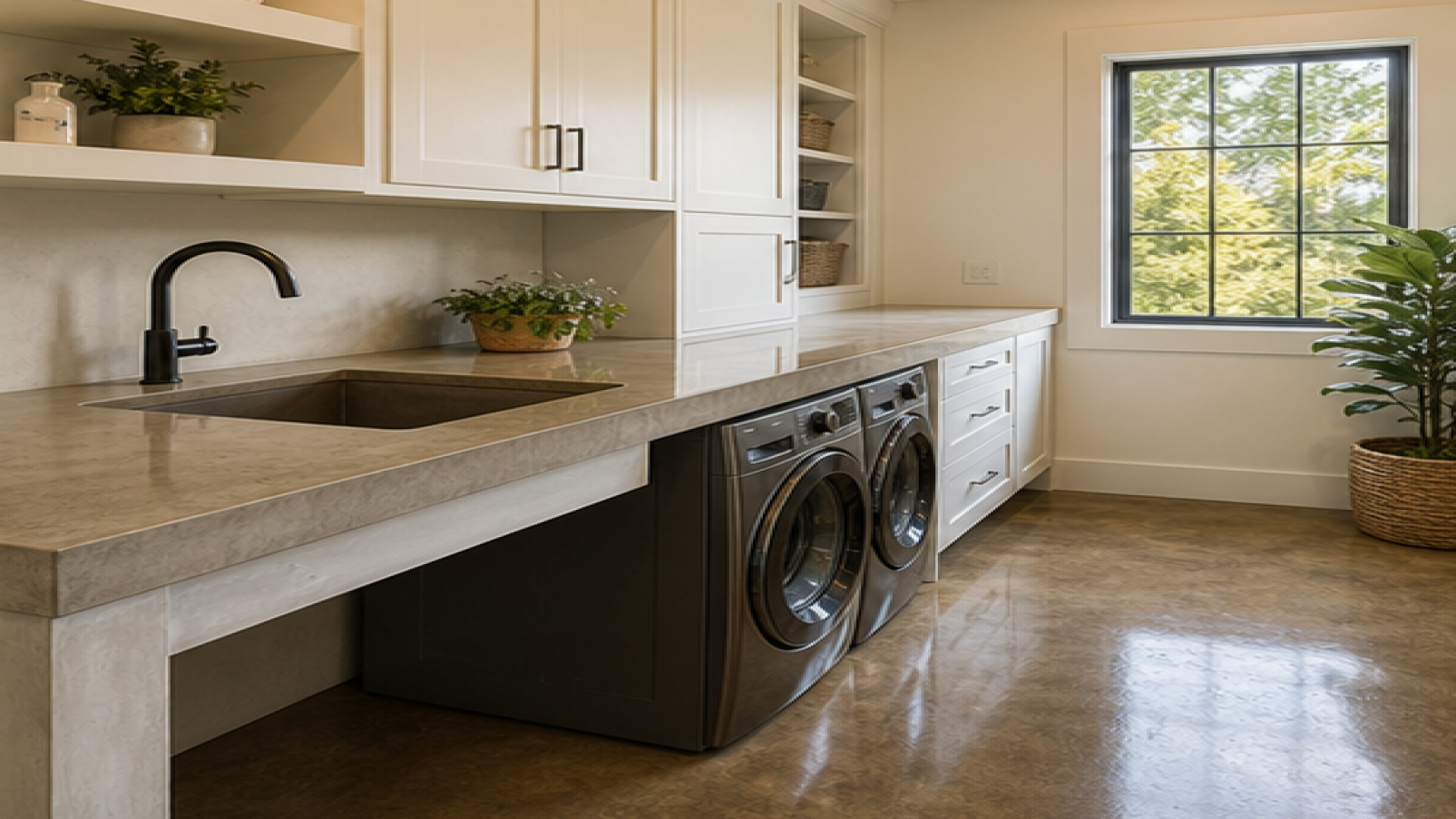 Laundry Room Remodel Ideas with a treated concrete finish