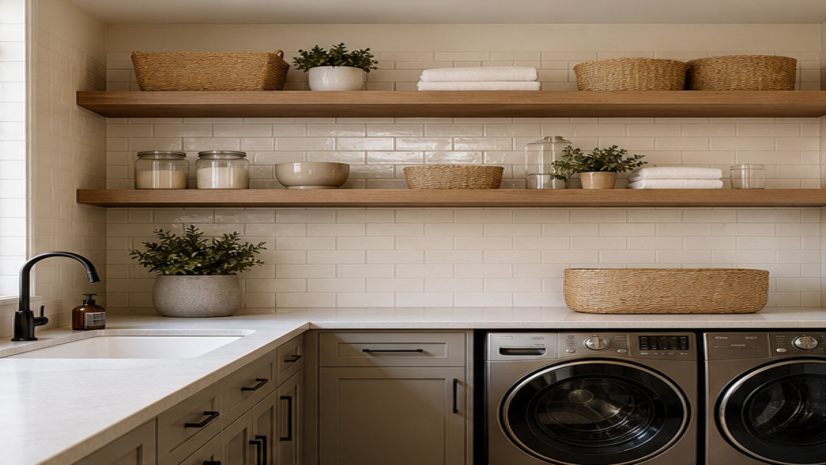 Laundry Room Remodel Ideas with open shelving
