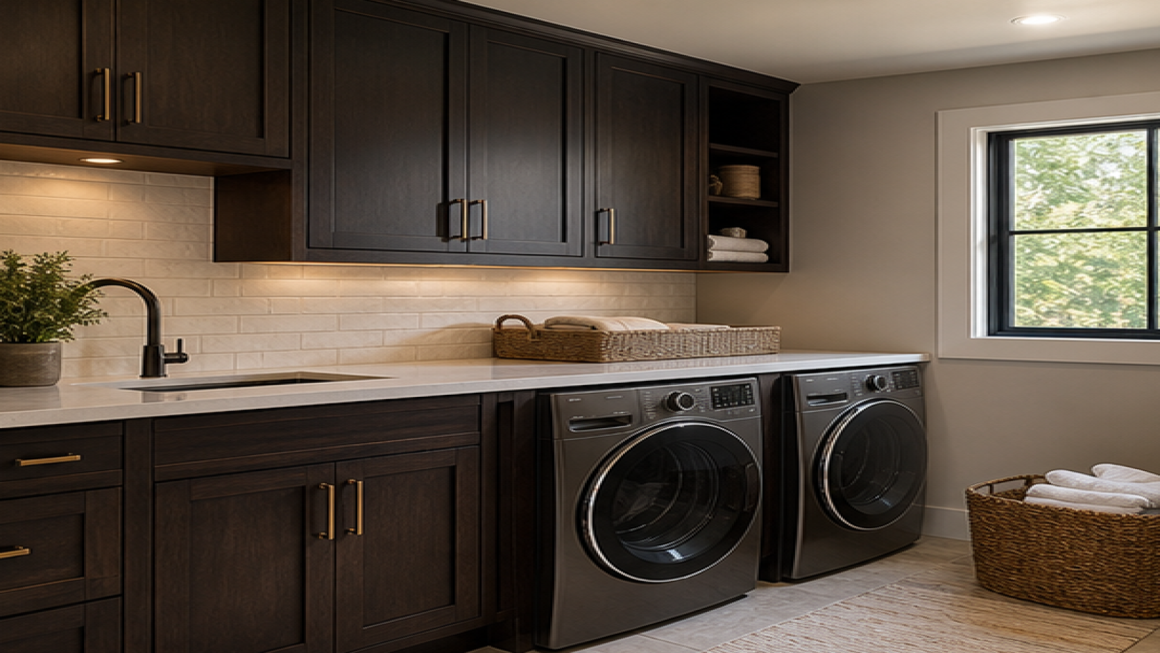 Laundry Room Remodel Ideas with dark wood cabinetry