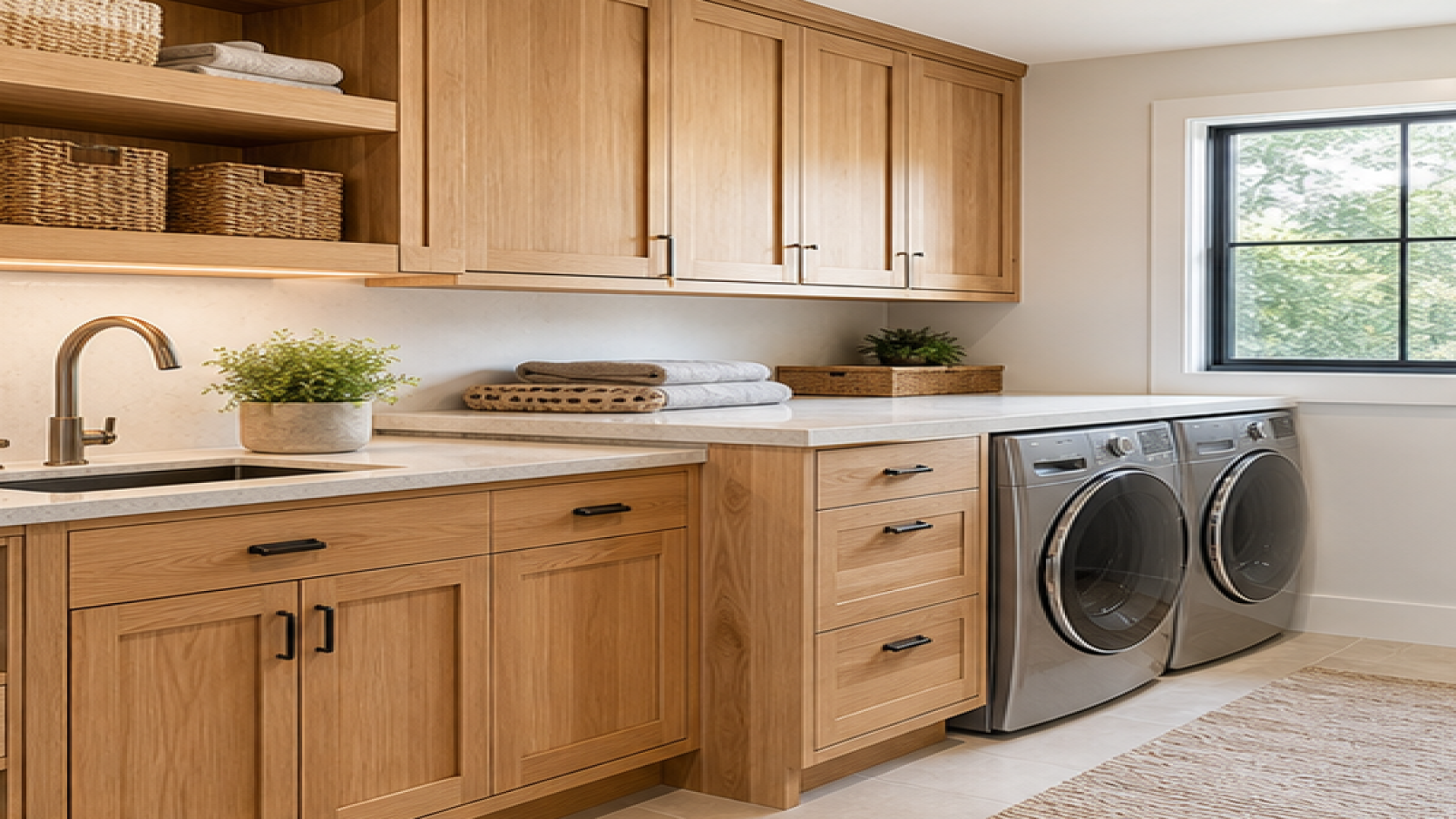 Laundry Room Remodel Ideas with natural wood cabinetry