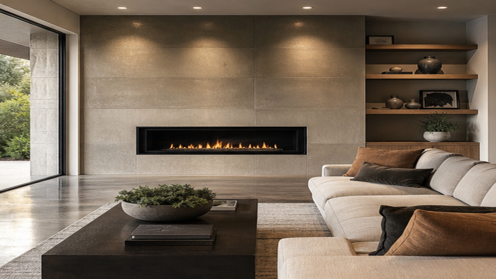 Living Room Remodel Ideas with a treated concrete finish