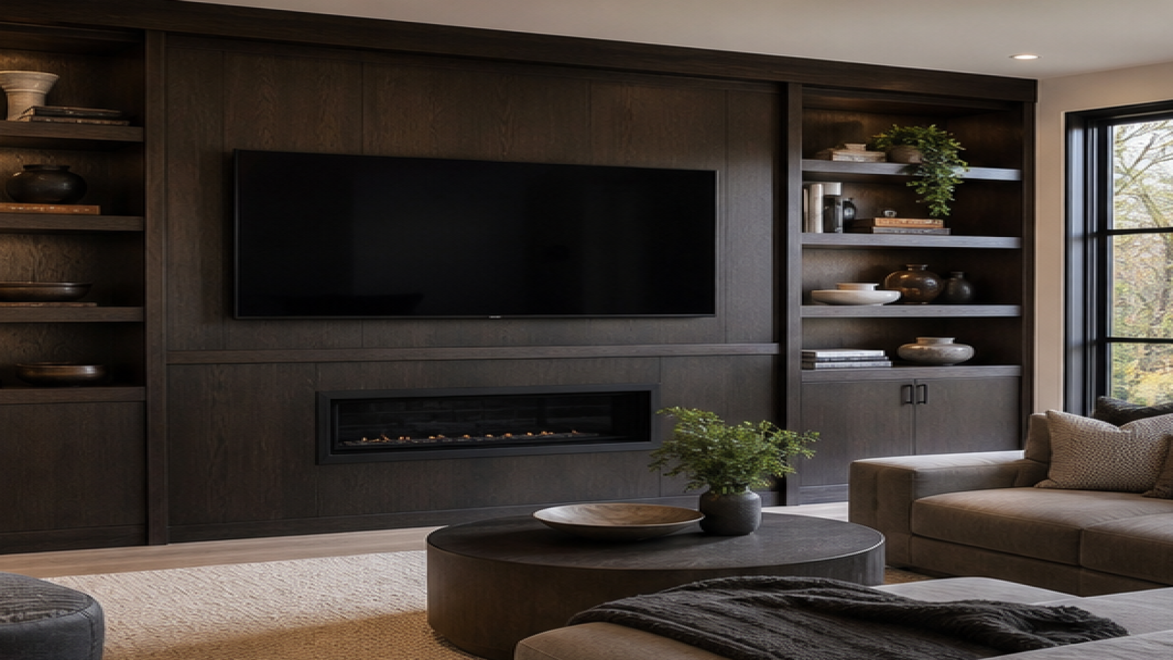 Living Room Remodel Ideas with dark wood cabinetry