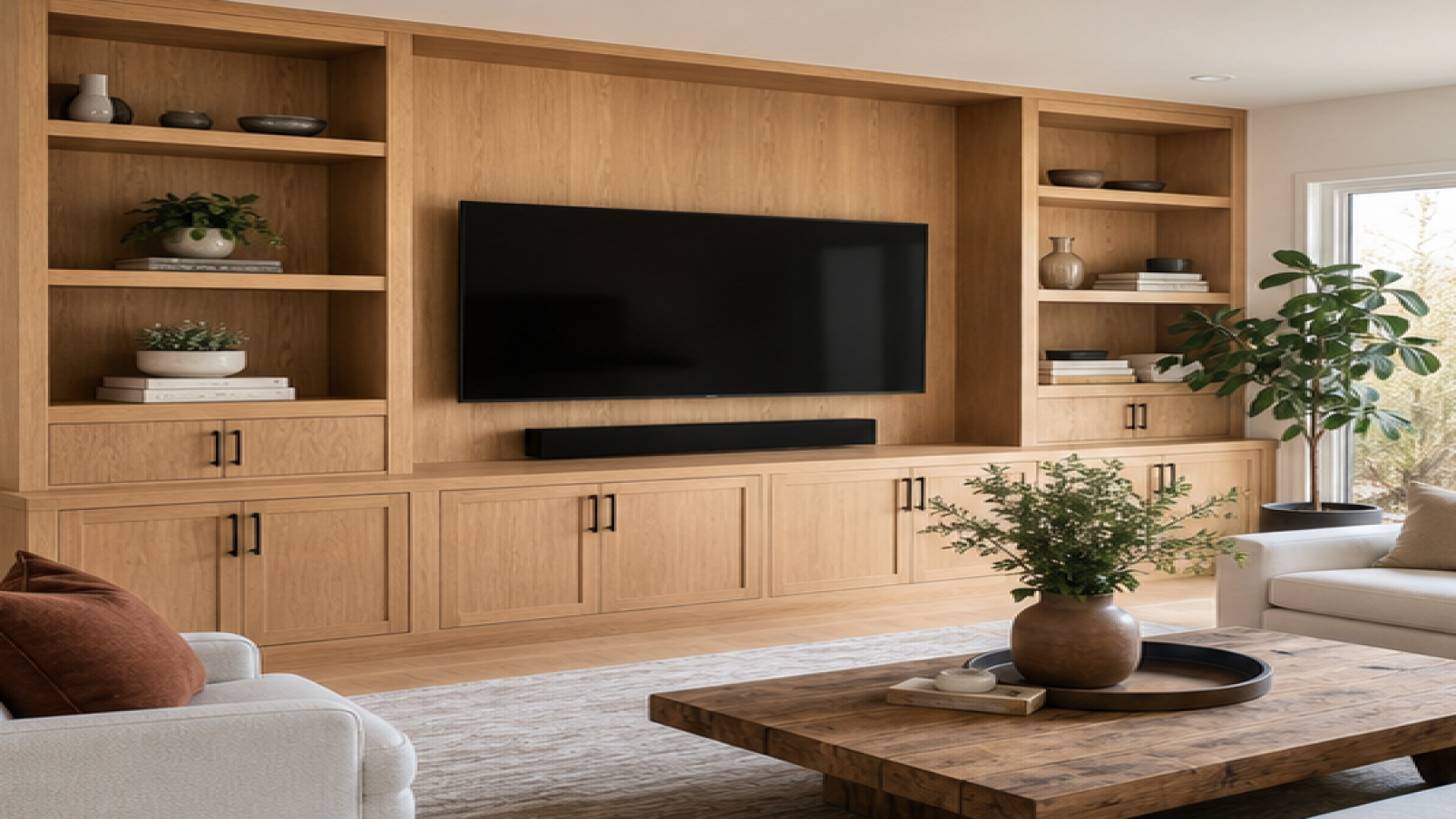 Living Room Remodel Ideas with natural wood cabinetry
