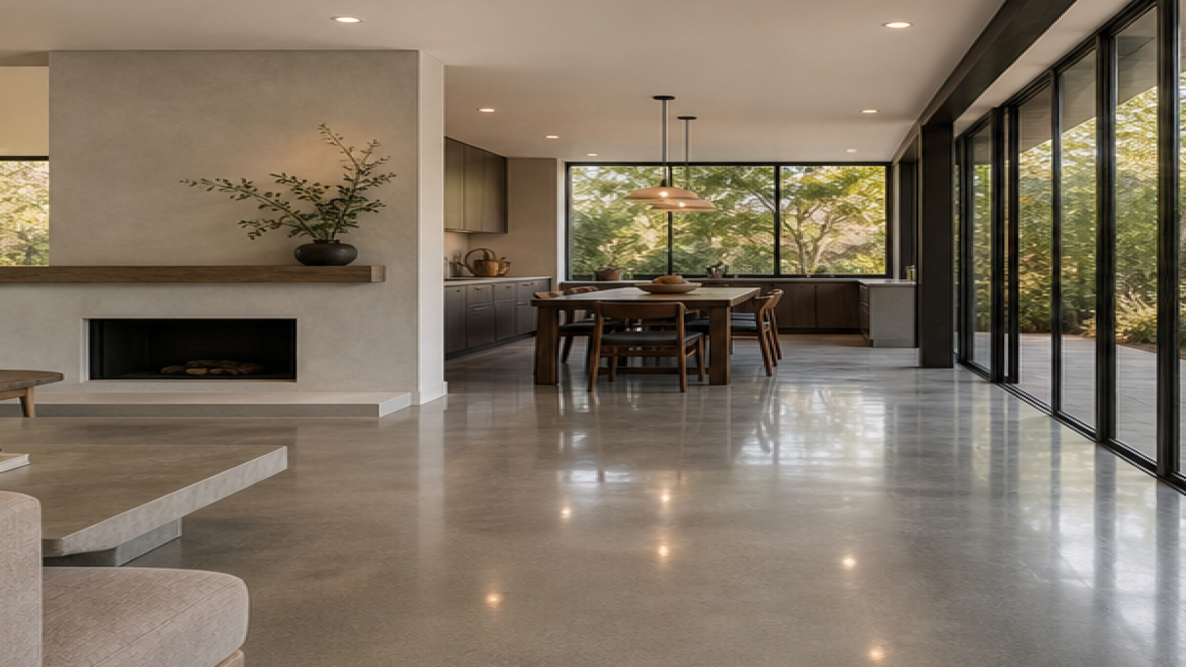 Living Room Remodel Ideas with a treated concrete finish