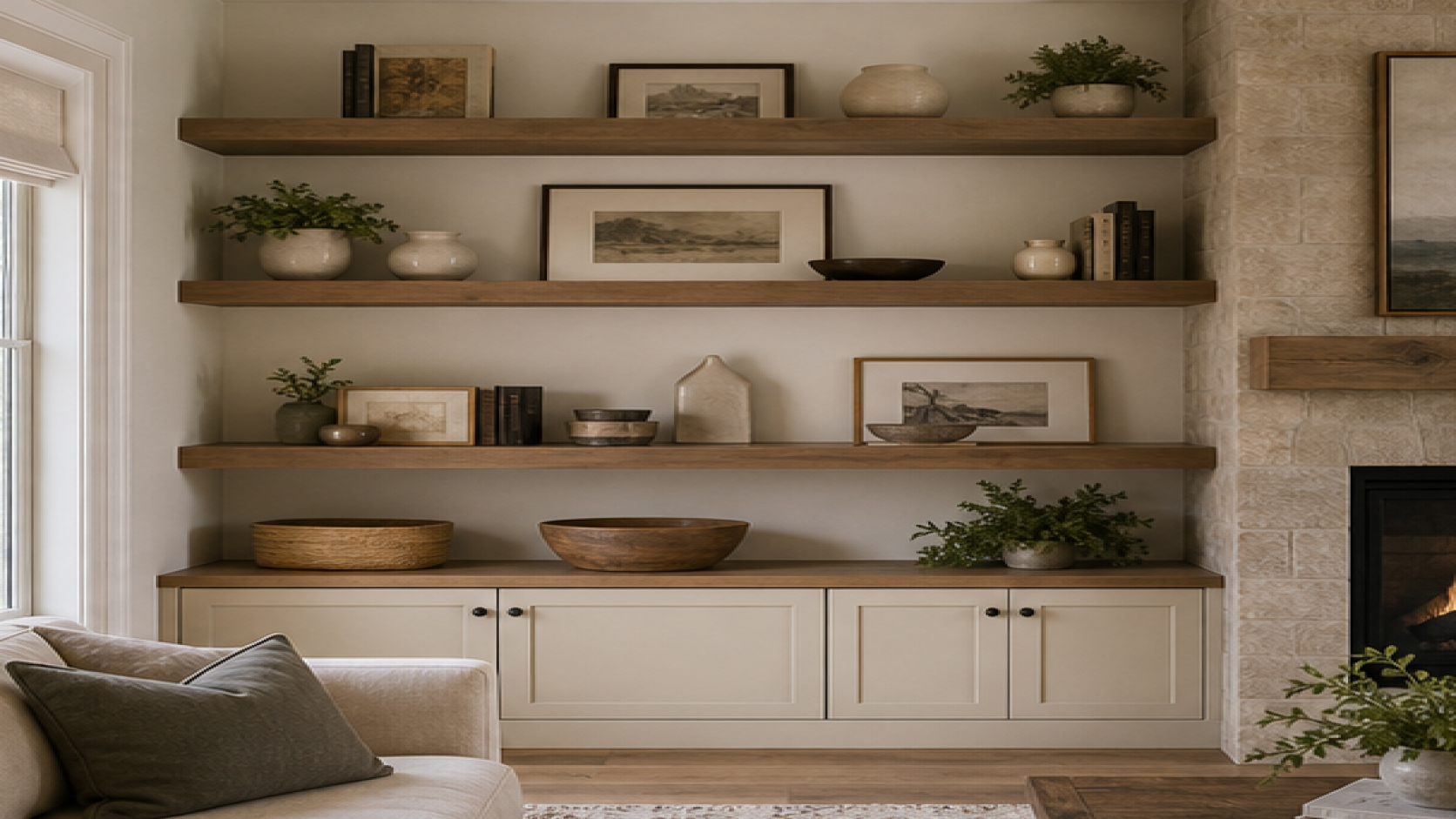 Living Room Remodel Ideas with open shelving