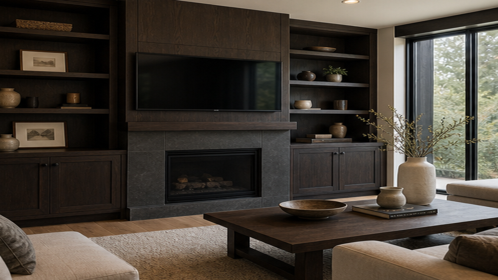 Living Room Remodel Ideas with dark wood cabinetry