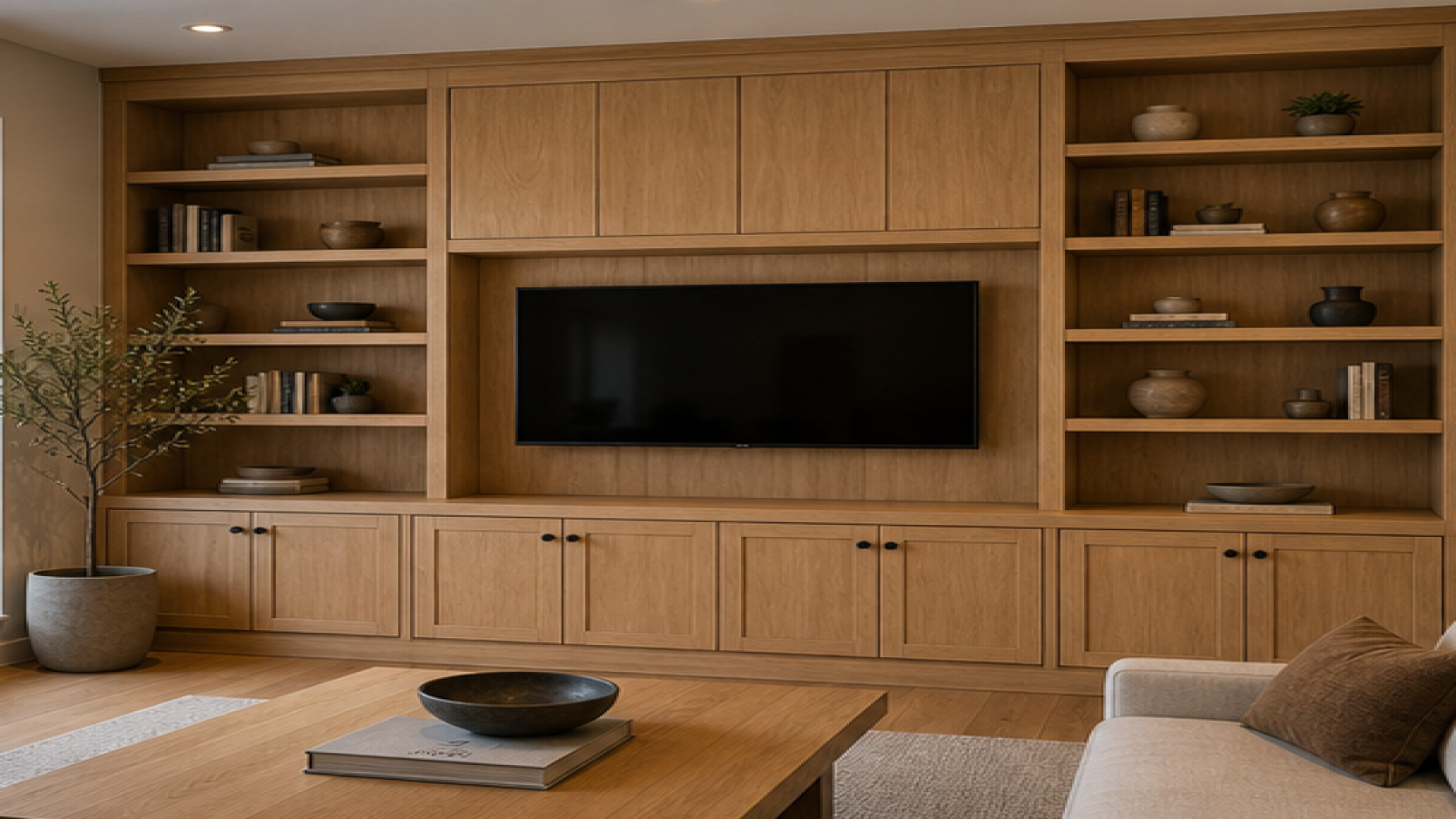 Living Room Remodel Ideas with natural wood cabinetry