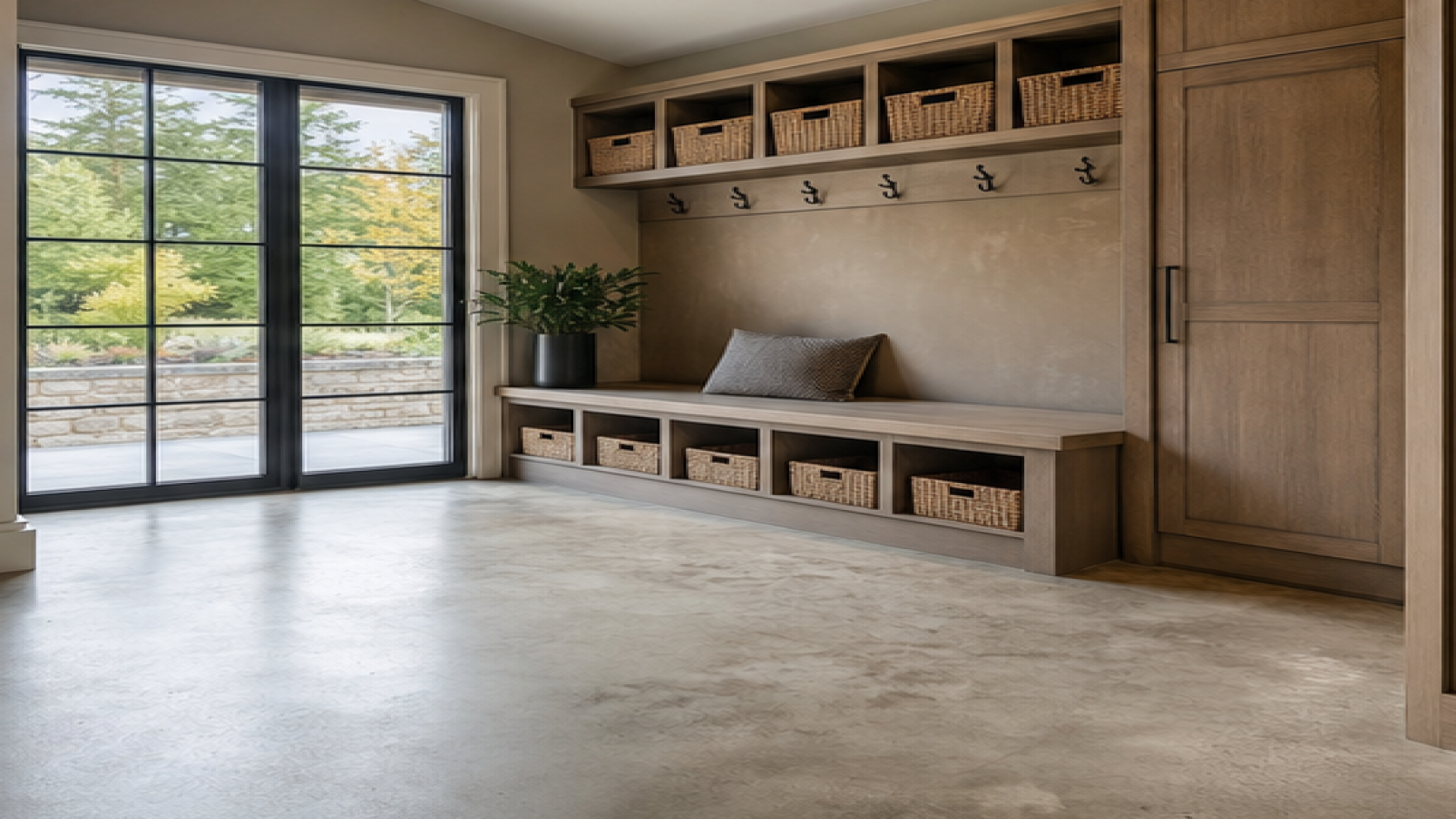 Mudroom Remodel Ideas with a natural concrete finish