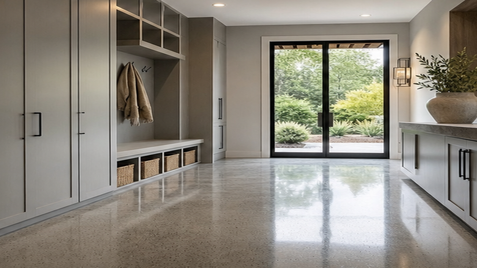 Mudroom Remodel Ideas with a treated concrete finish