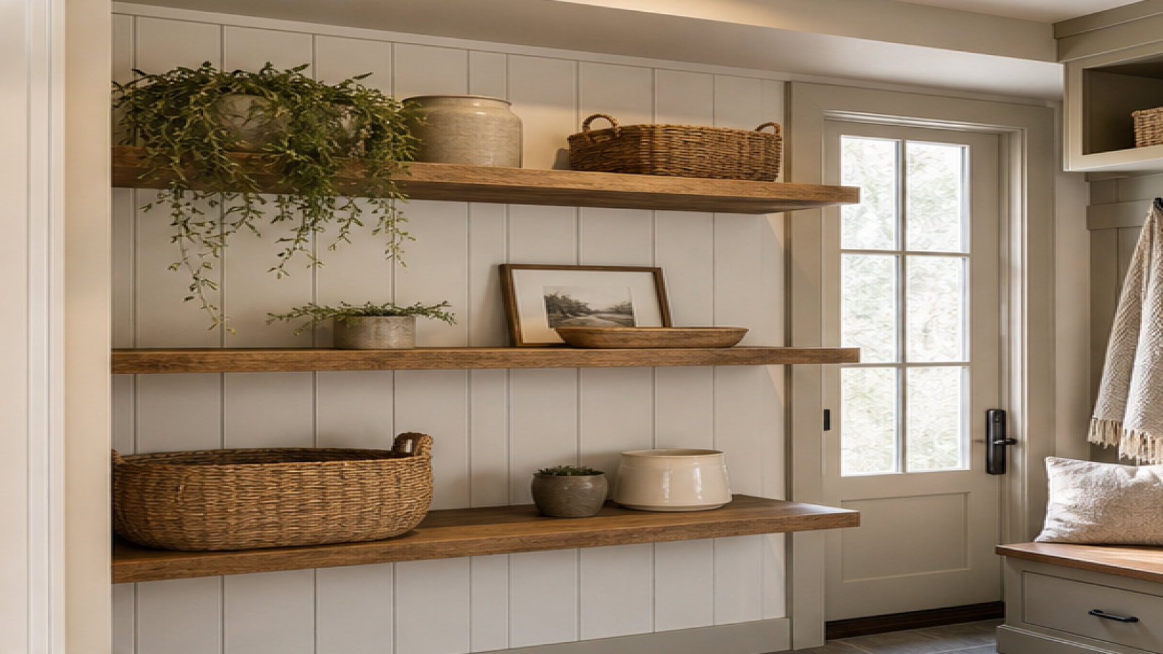 Mudroom Remodel Ideas with open shelving