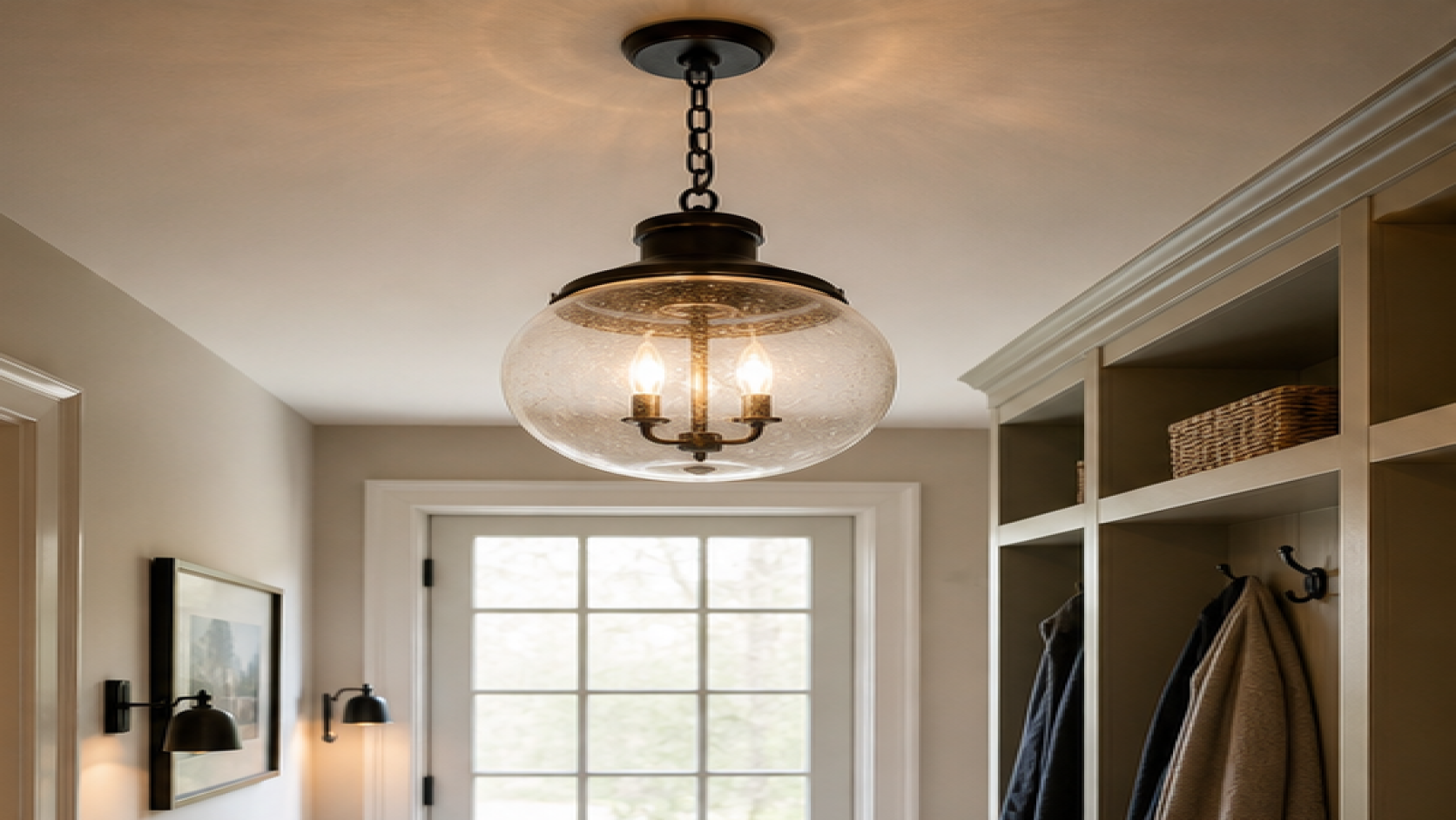 Mudroom Remodel Ideas with pendant lighting