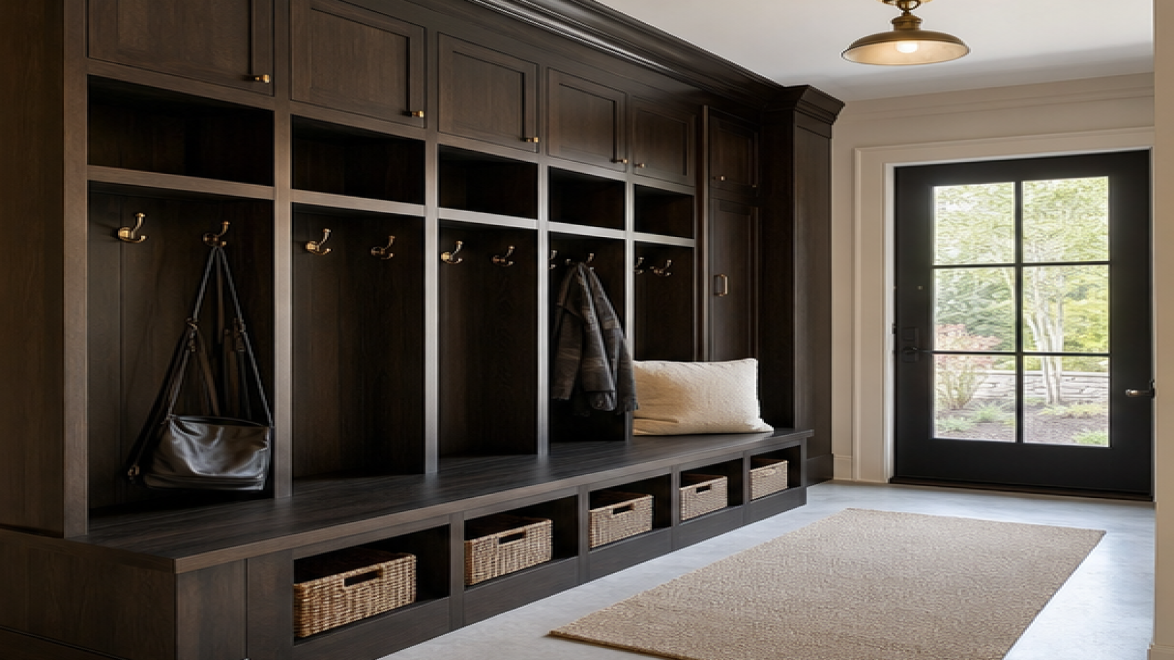 Mudroom Remodel Ideas with dark wood cabinetry