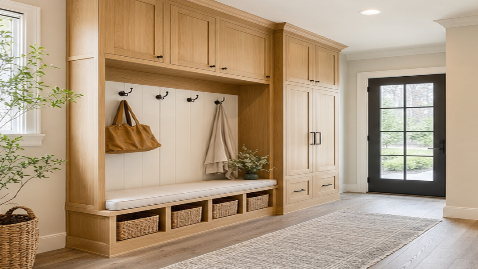 Mudroom Remodel Ideas with natural wood cabinetry