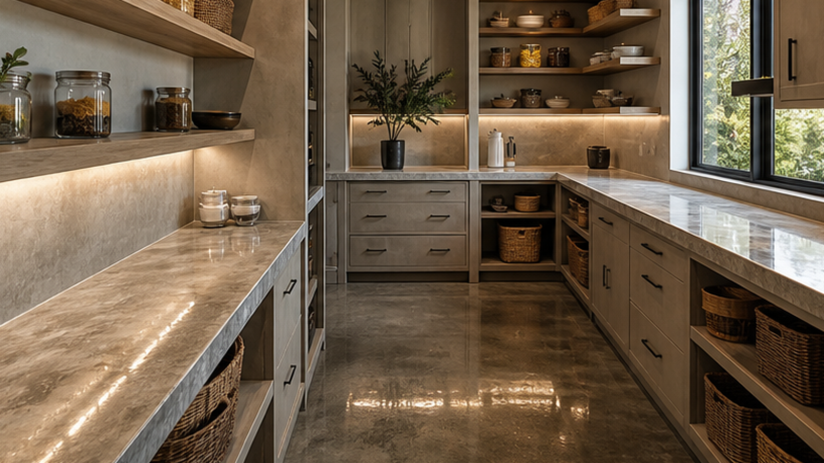 Pantry Remodel Ideas with a treated concrete finish