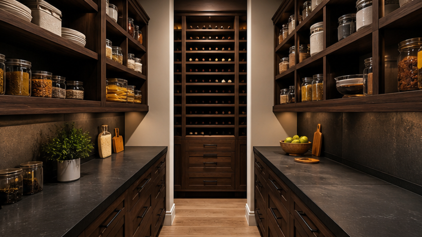 Pantry Remodel Ideas with dark wood cabinetry