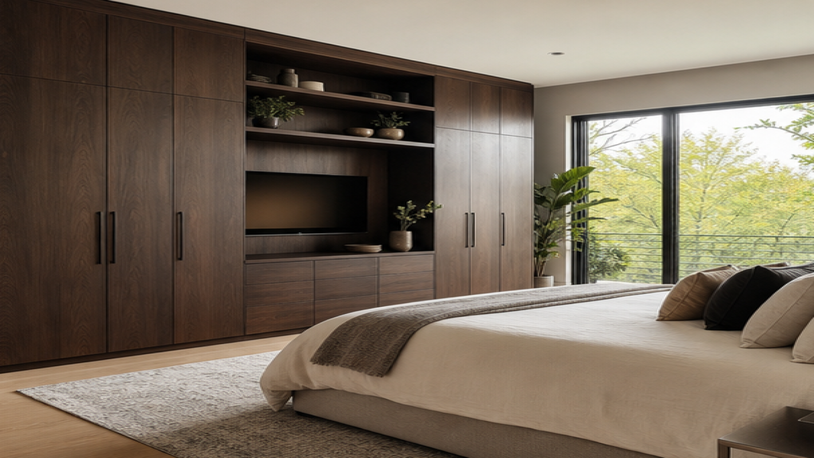 Primary Bedroom Remodel Ideas with dark wood cabinetry